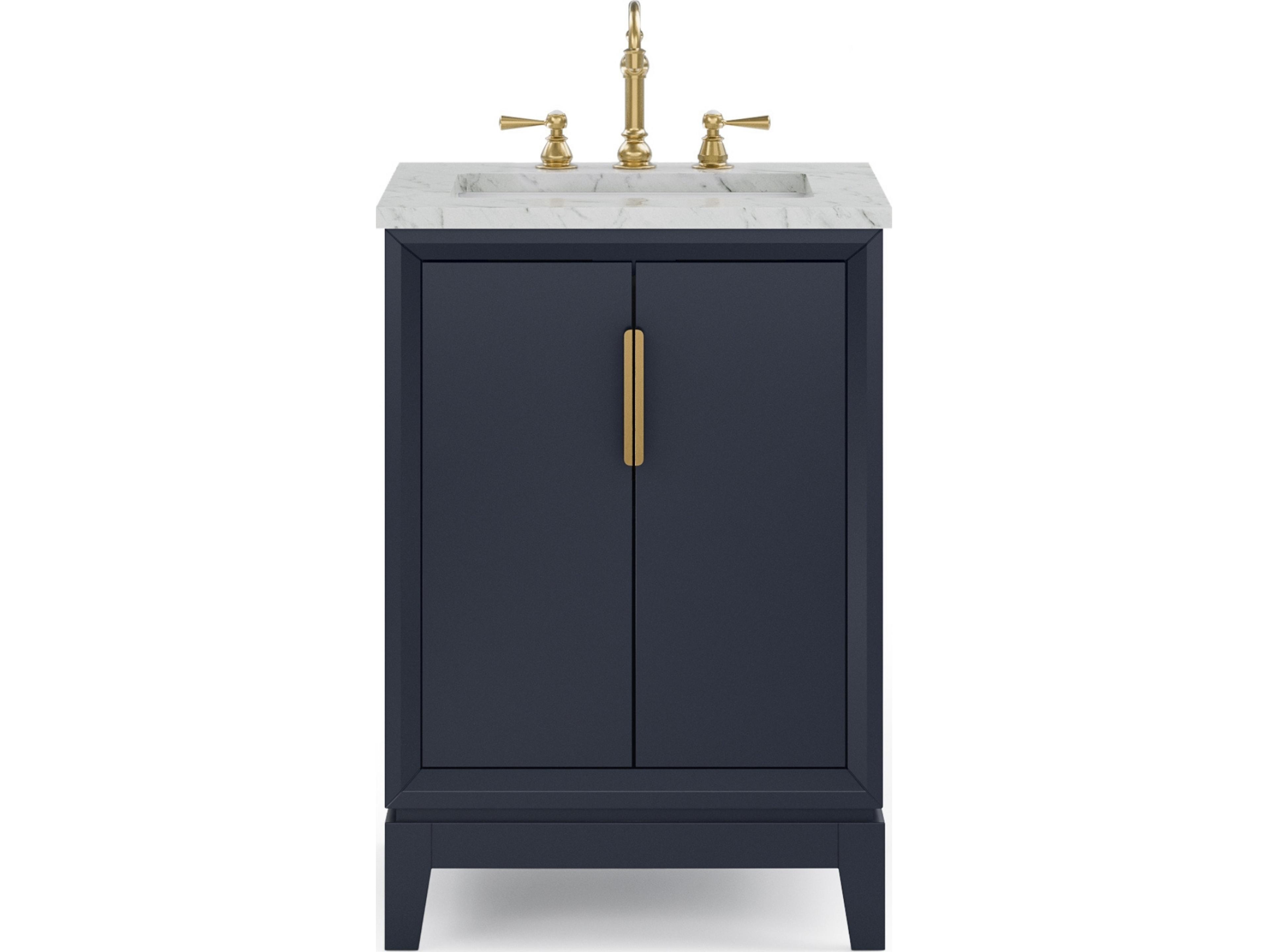 Water Creation Elizabeth Single Sink Carrara White Marble Countertop Bath Vanity In Monarch Blue With Satin Gold Hardware and Hook Faucet