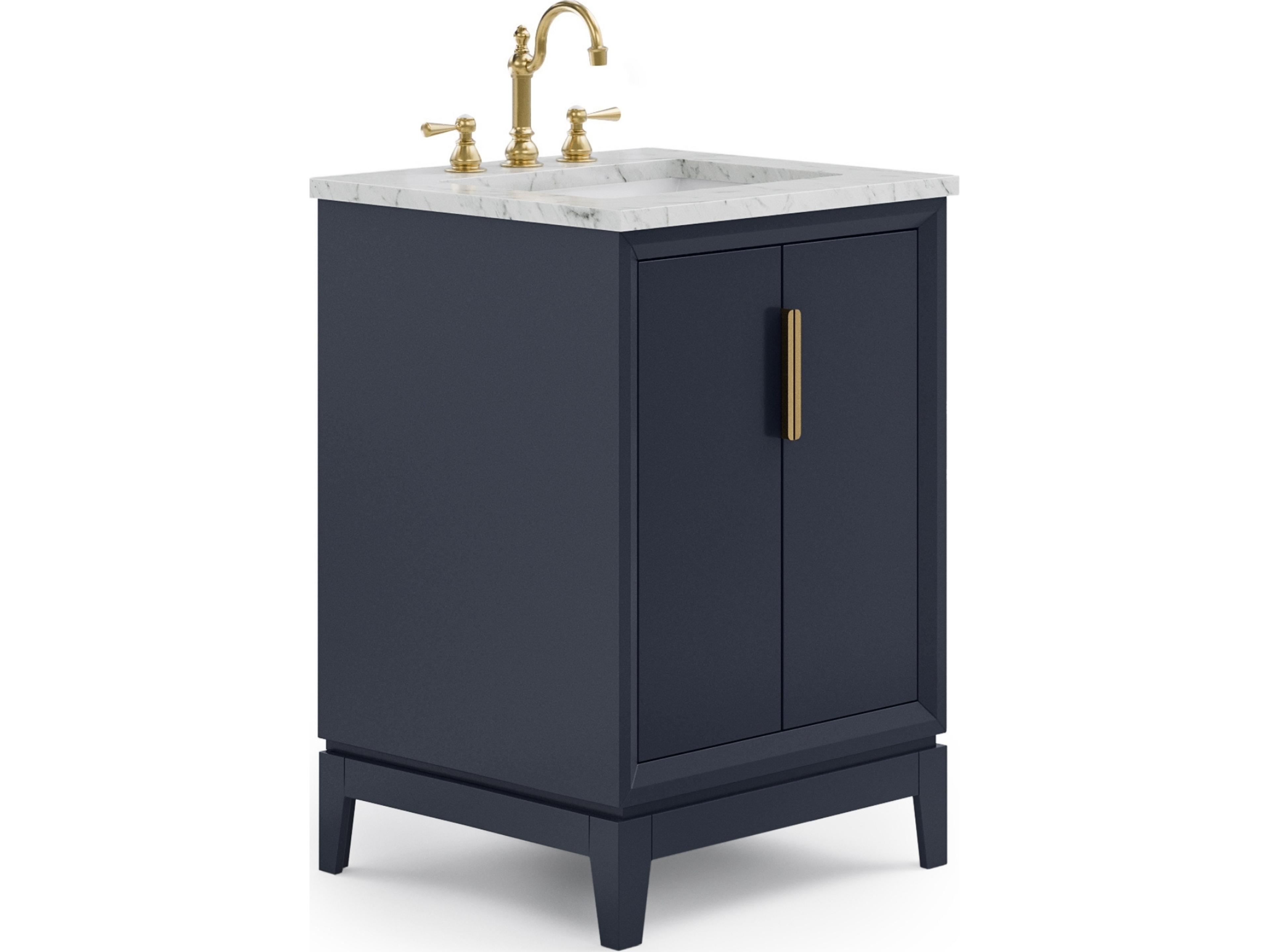 Water Creation Elizabeth Single Sink Carrara White Marble Countertop Bath Vanity In Monarch Blue With Satin Gold Hardware and Hook Faucet