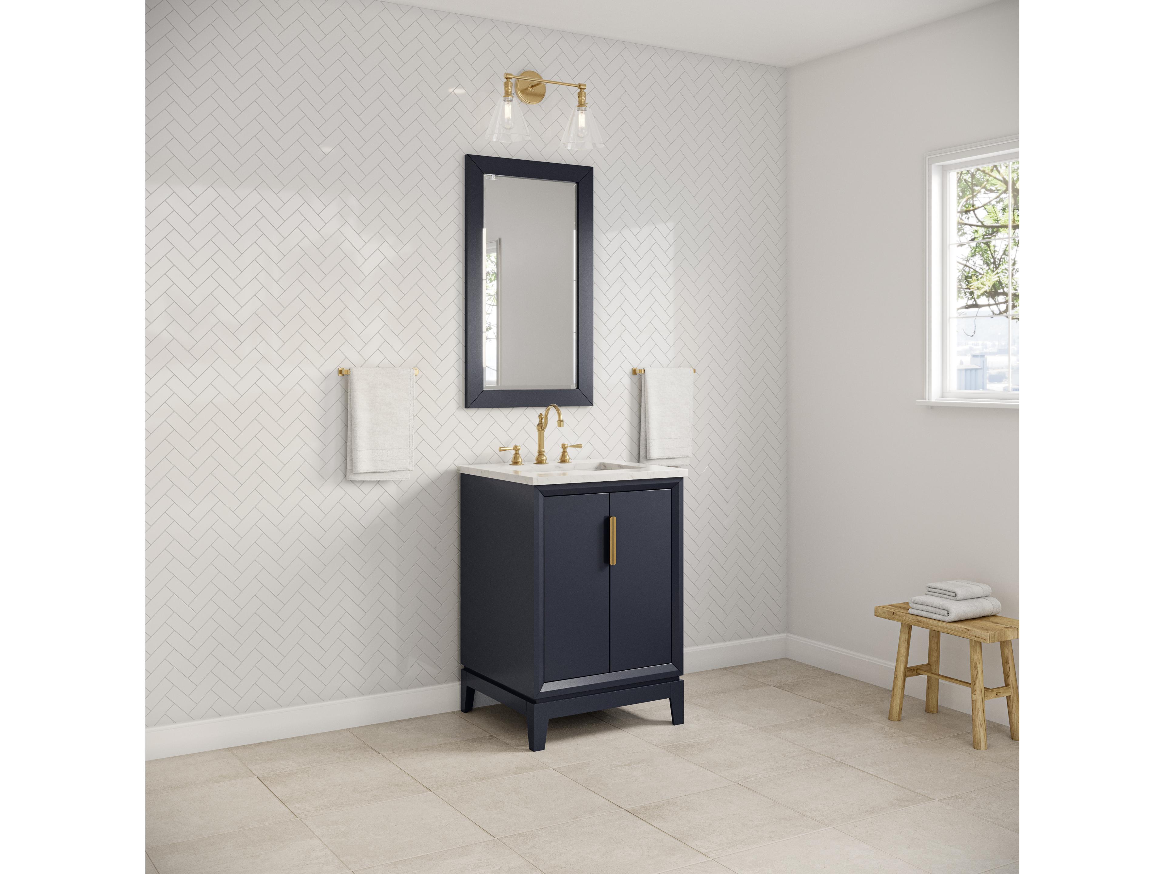 Water Creation Elizabeth Single Sink Carrara White Marble Countertop Bath Vanity In Monarch Blue With Satin Gold Hardware and Hook Faucet