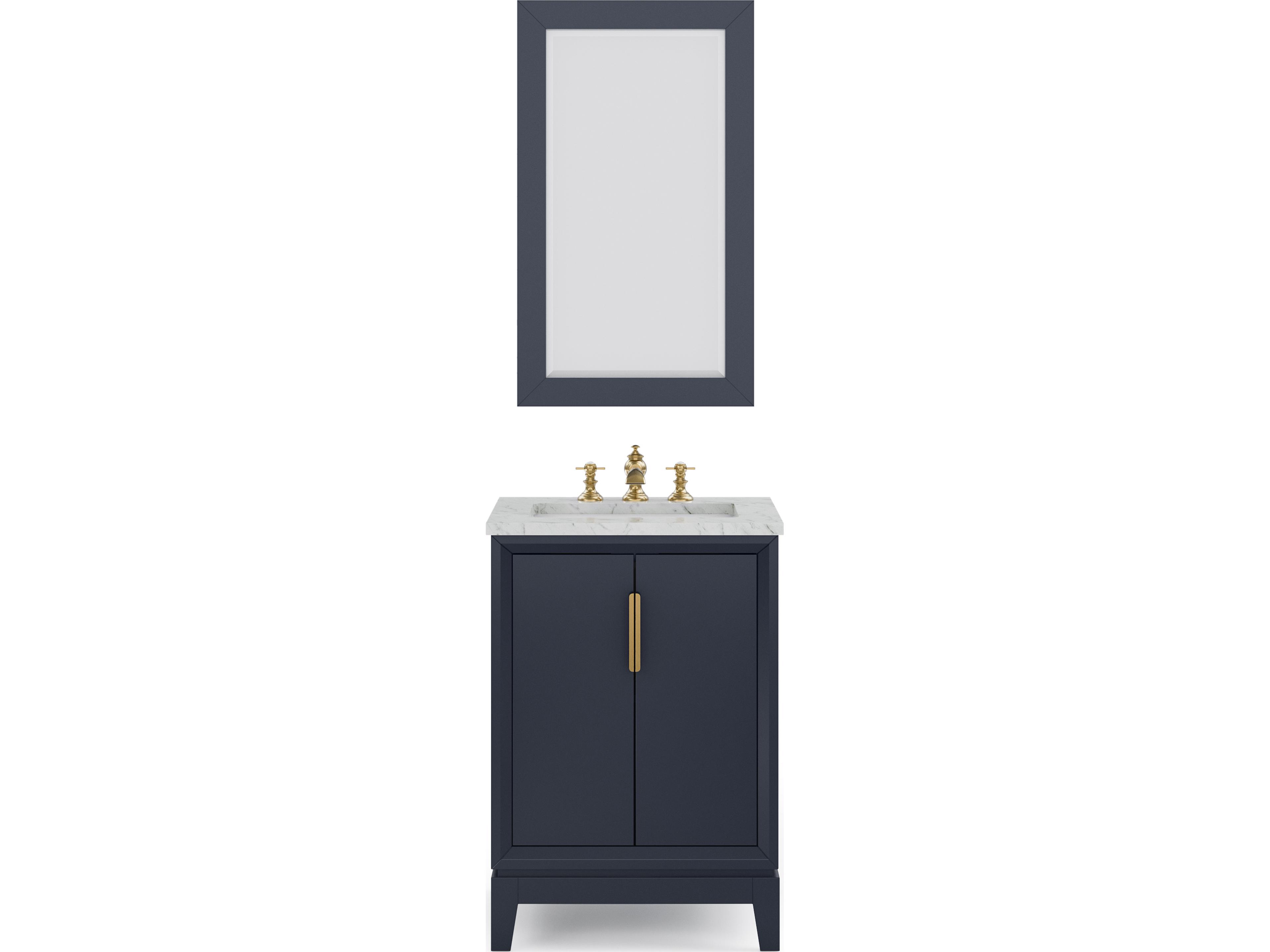 Water Creation Elizabeth Single Sink Carrara White Marble Countertop Bath Vanity In Monarch Blue With Satin Gold Hardware, Waterfall Faucet and Rectangular Mirror