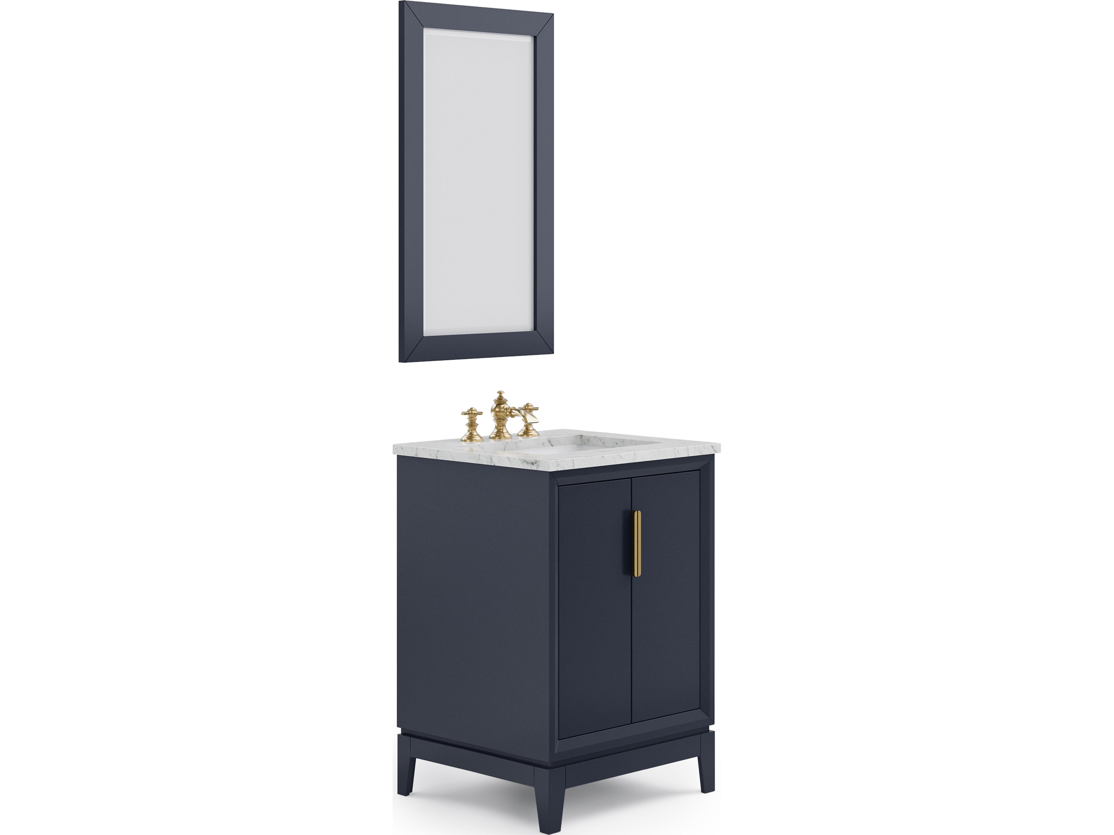 Water Creation Elizabeth Single Sink Carrara White Marble Countertop Bath Vanity In Monarch Blue With Satin Gold Hardware, Waterfall Faucet and Rectangular Mirror