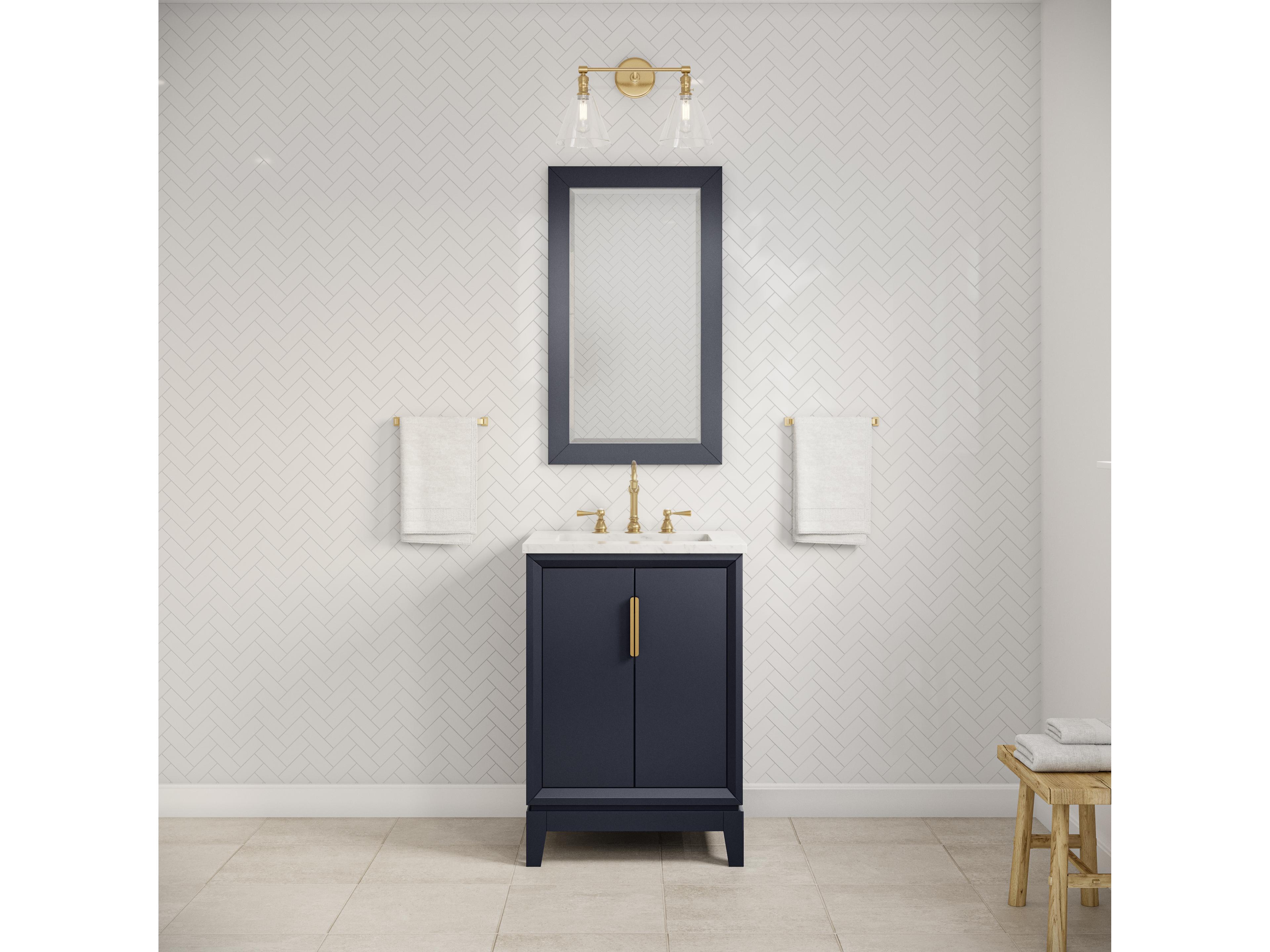 Water Creation Elizabeth Single Sink Carrara White Marble Countertop Bath Vanity In Monarch Blue With Satin Gold Hardware, Hook Faucet and Rectangular Mirror