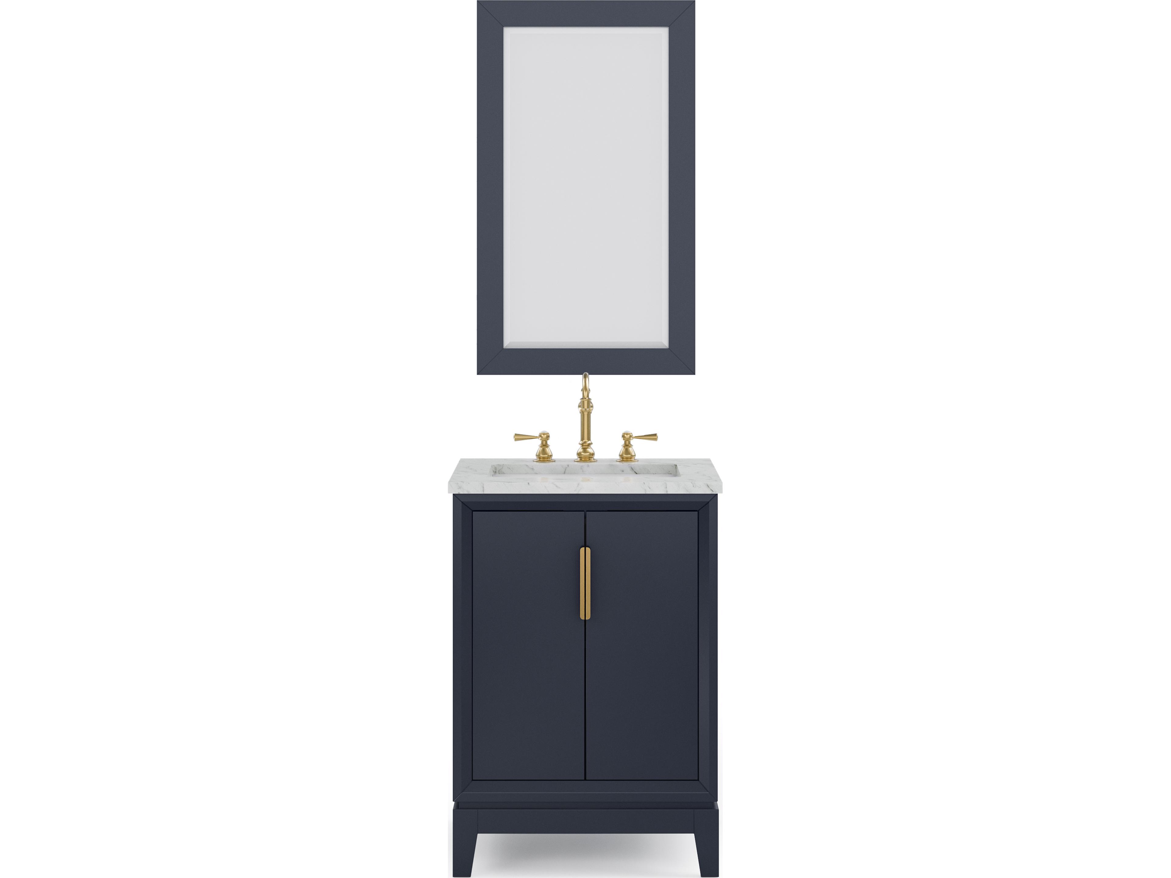 Water Creation Elizabeth Single Sink Carrara White Marble Countertop Bath Vanity In Monarch Blue With Satin Gold Hardware, Hook Faucet and Rectangular Mirror