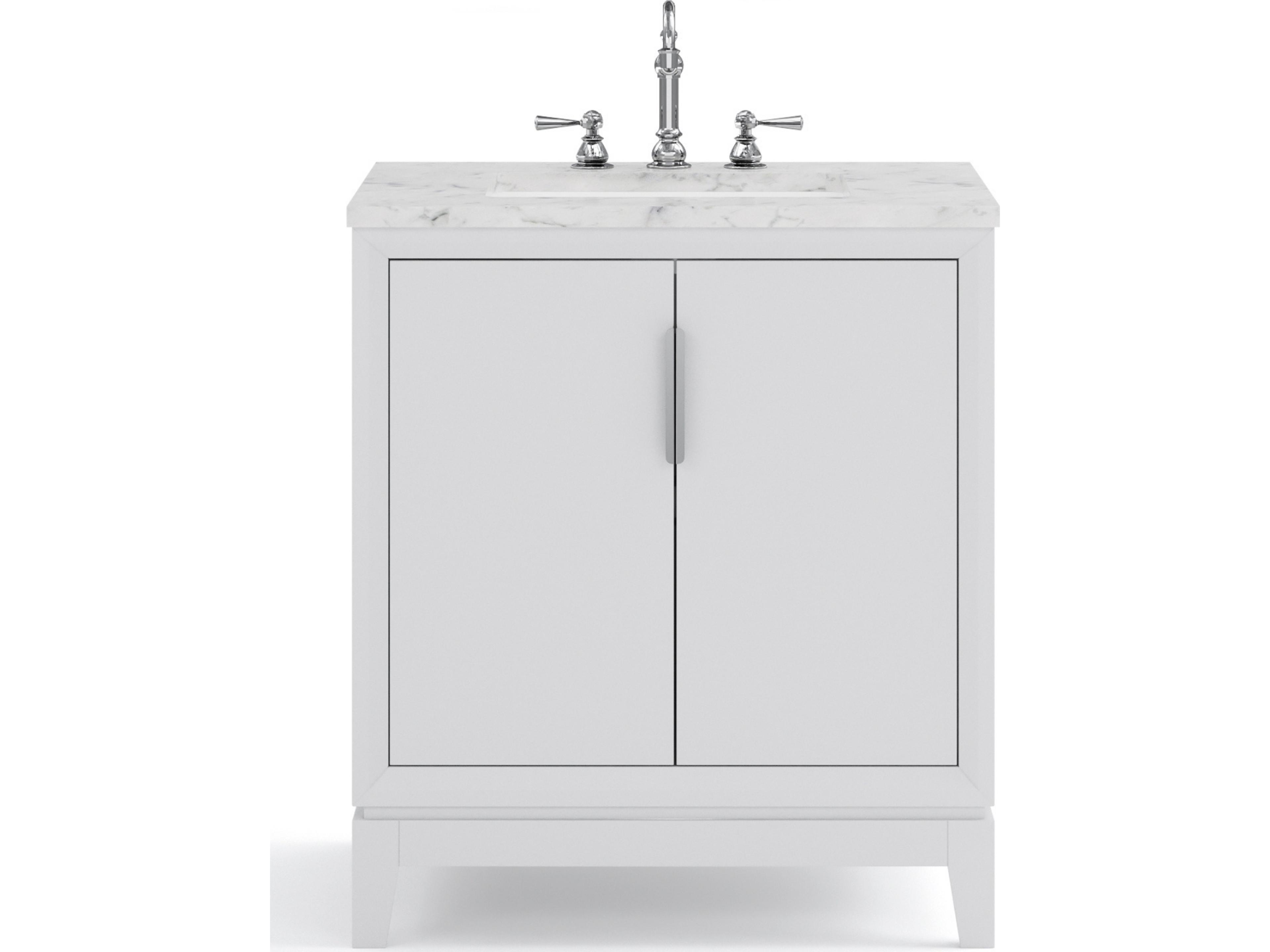 Water Creation Elizabeth Single Sink Carrara White Marble Countertop Bath Vanity In Pure White With Brushed Silver Hardware and Chrome Hook Faucet