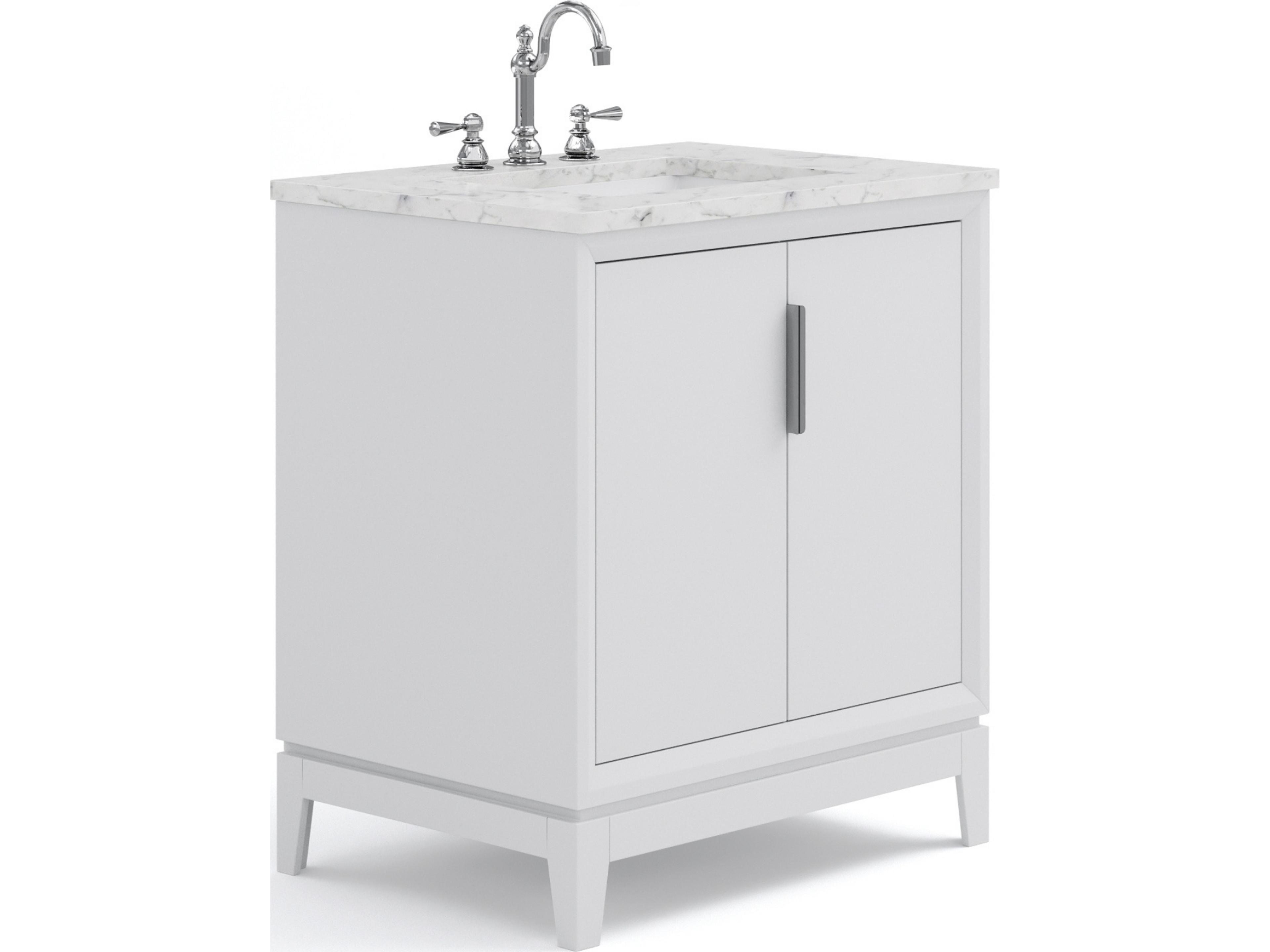 Water Creation Elizabeth Single Sink Carrara White Marble Countertop Bath Vanity In Pure White With Brushed Silver Hardware and Chrome Hook Faucet