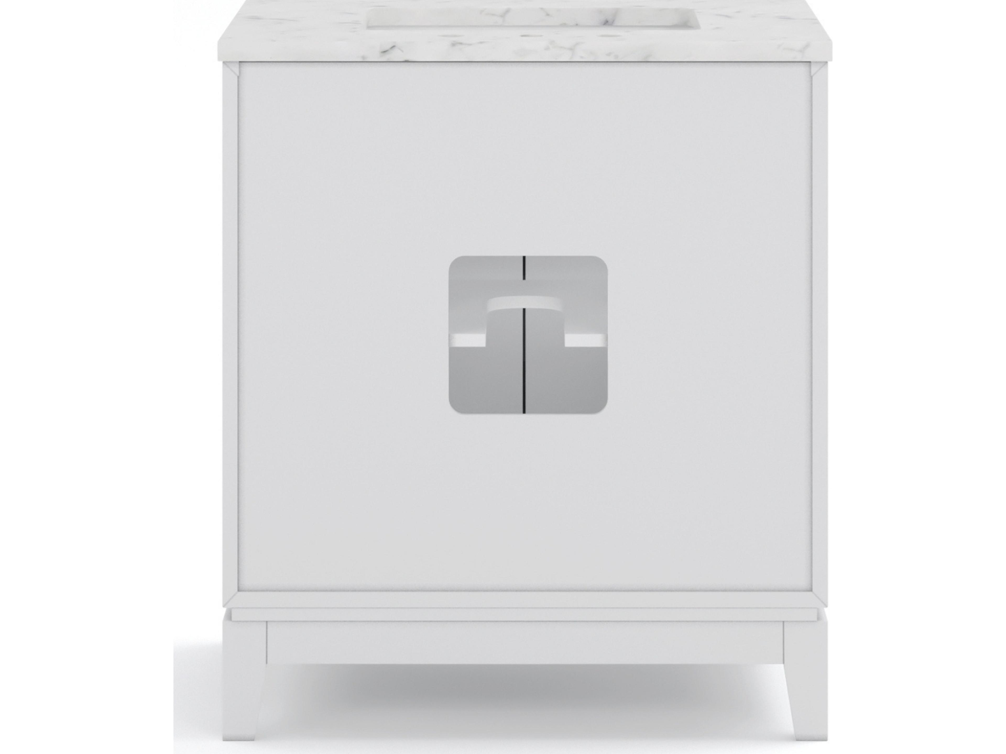 Water Creation Elizabeth Single Sink Carrara White Marble Countertop Bath Vanity In Pure White With Brushed Silver Hardware and Chrome Hook Faucet