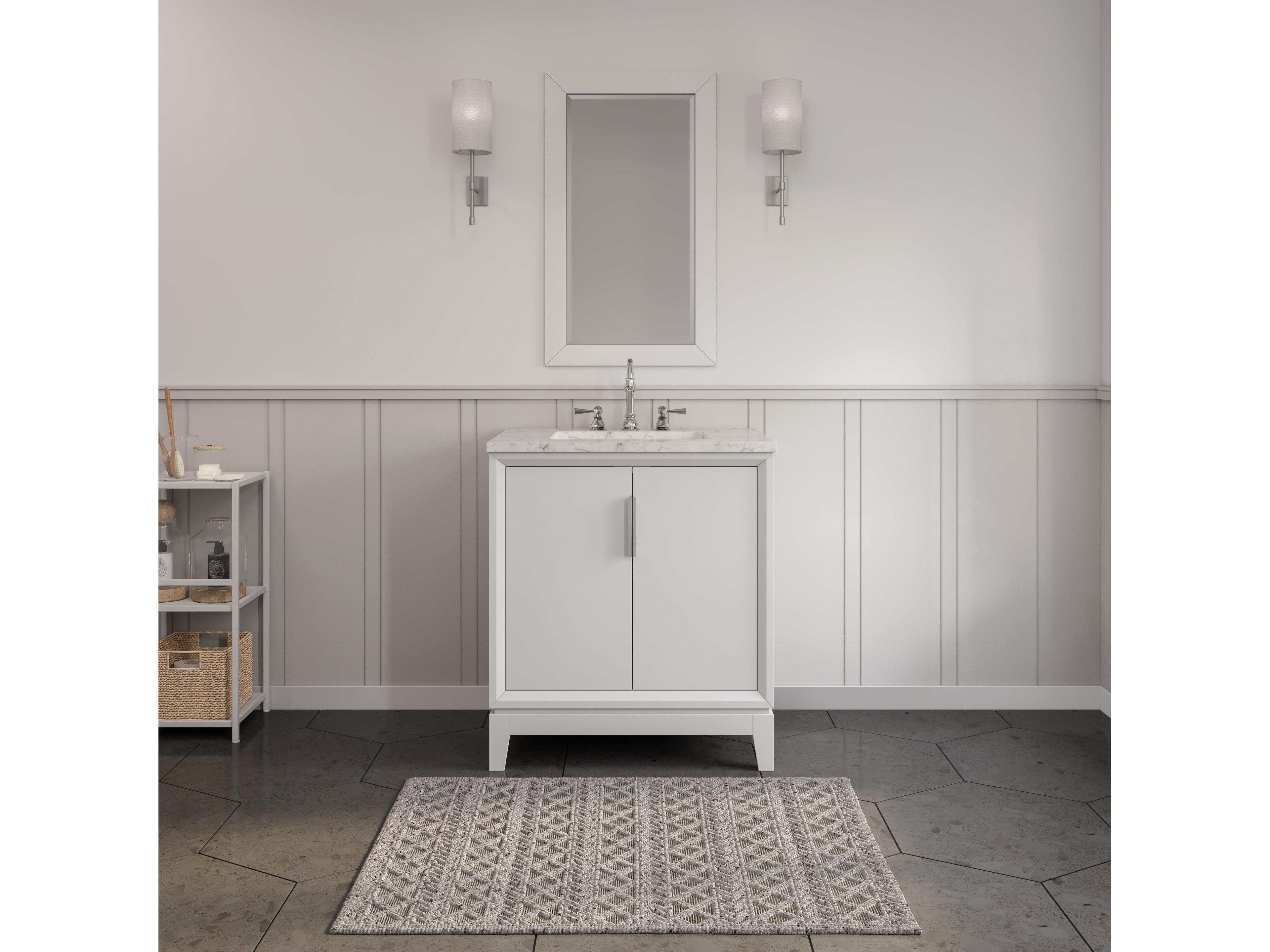 Water Creation Elizabeth Single Sink Carrara White Marble Countertop Bath Vanity In Pure White With Brushed Silver Hardware and Rectangular Mirror