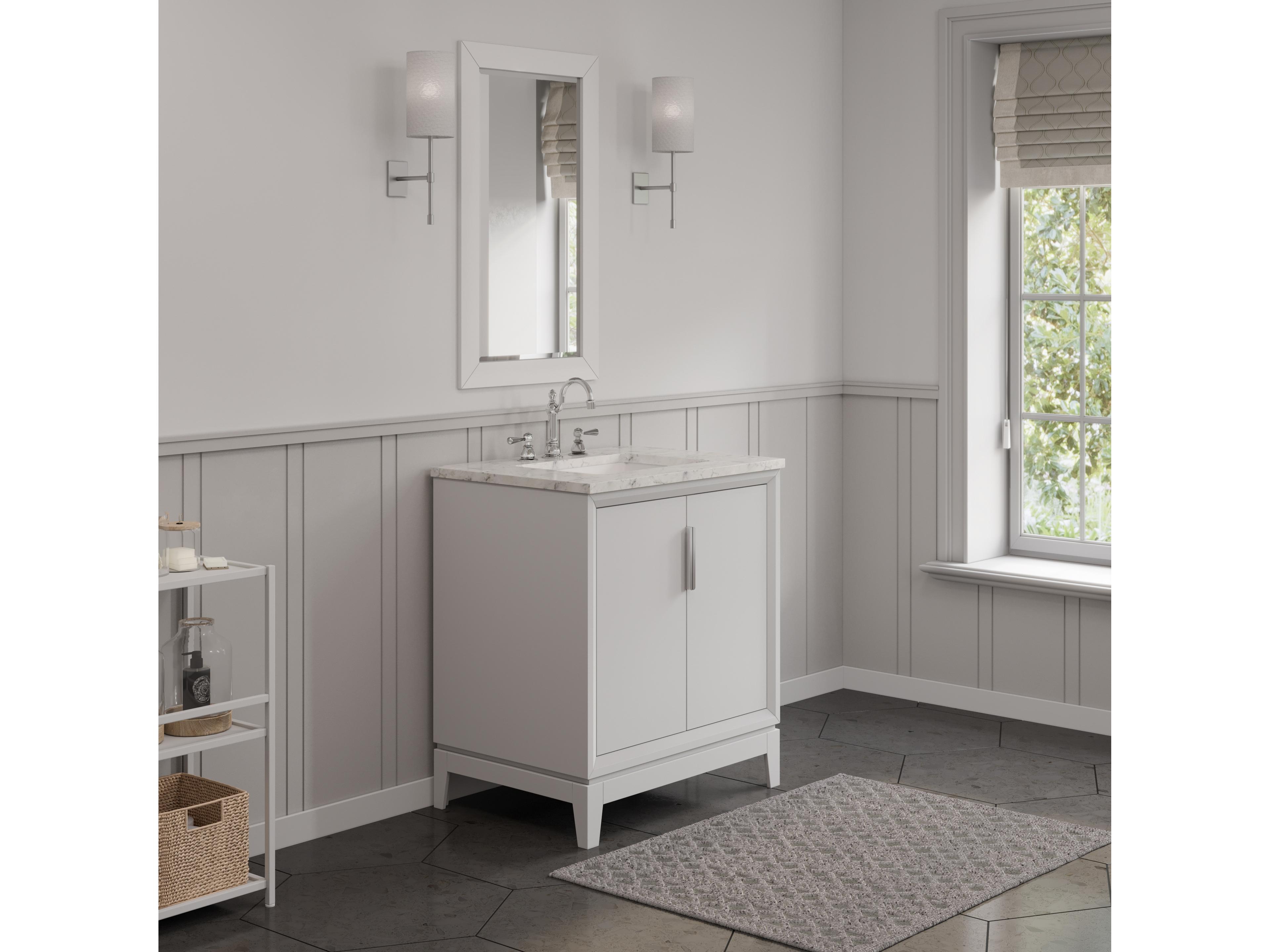 Water Creation Elizabeth Single Sink Carrara White Marble Countertop Bath Vanity In Pure White With Brushed Silver Hardware and Rectangular Mirror
