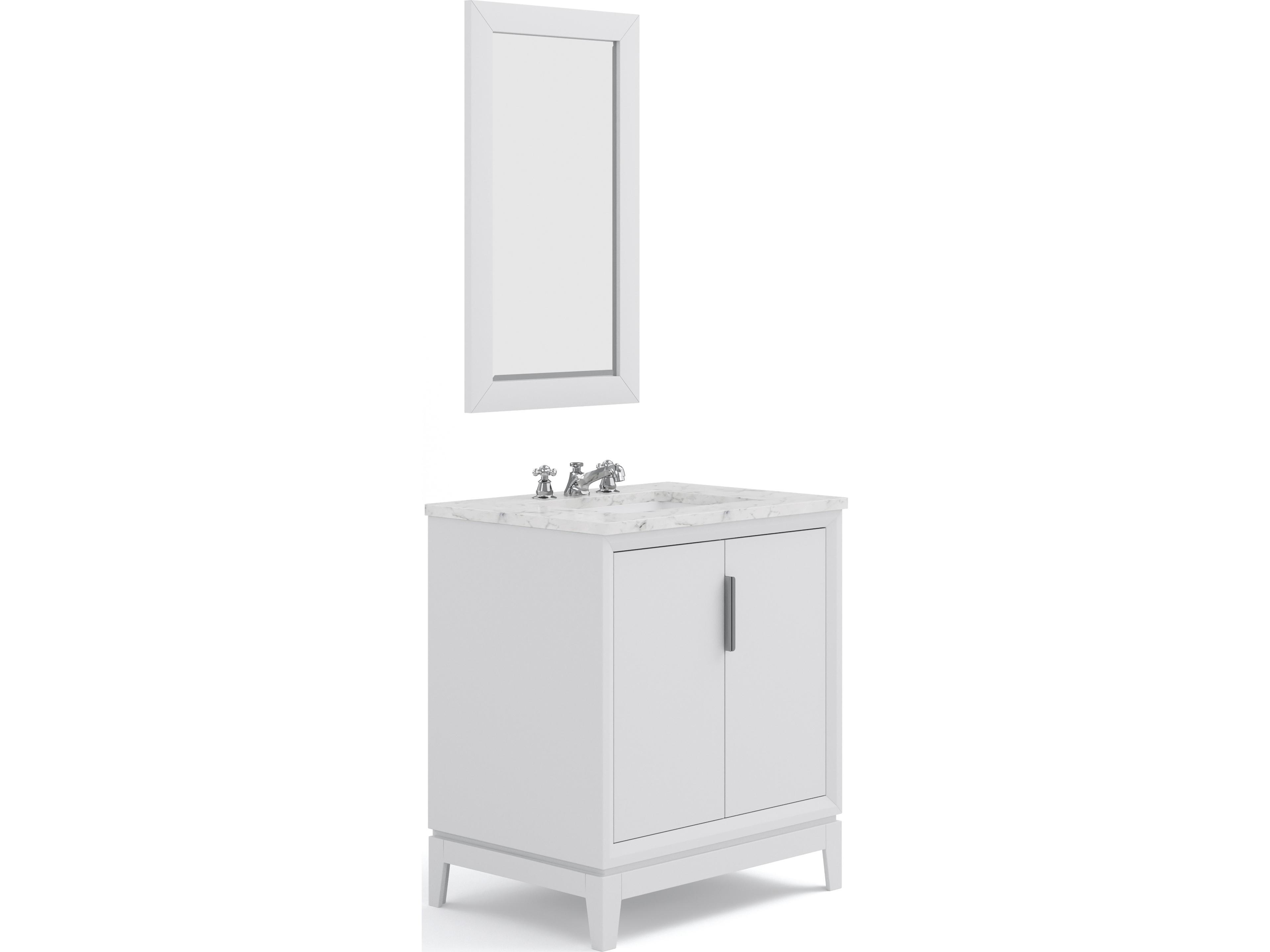 Water Creation Elizabeth Single Sink Carrara White Marble Countertop Bath Vanity In Pure White With Brushed Silver Hardware, Chrome Classic Faucet and Rectangular Mirror