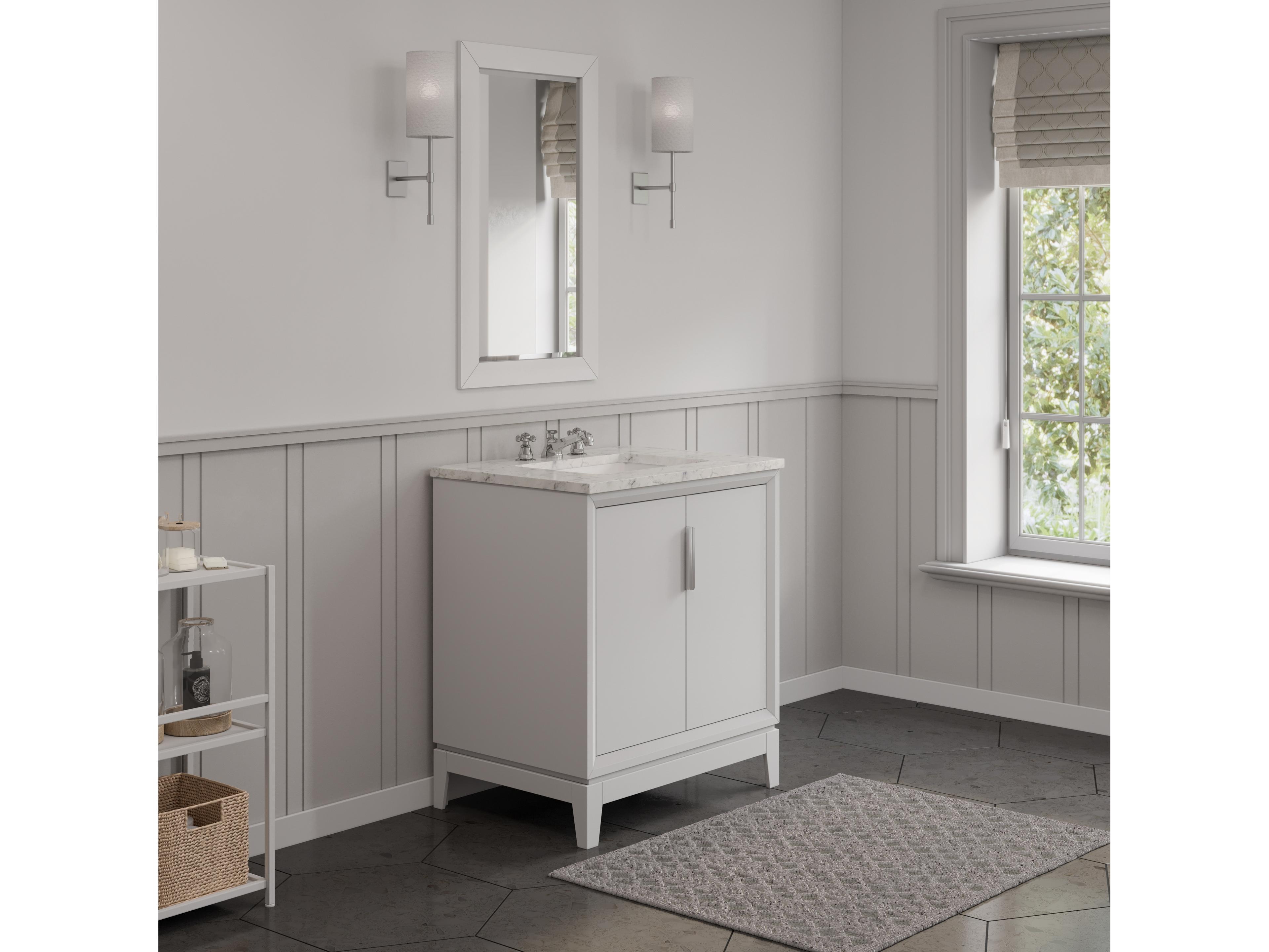 Water Creation Elizabeth Single Sink Carrara White Marble Countertop Bath Vanity In Pure White With Brushed Silver Hardware, Chrome Classic Faucet and Rectangular Mirror