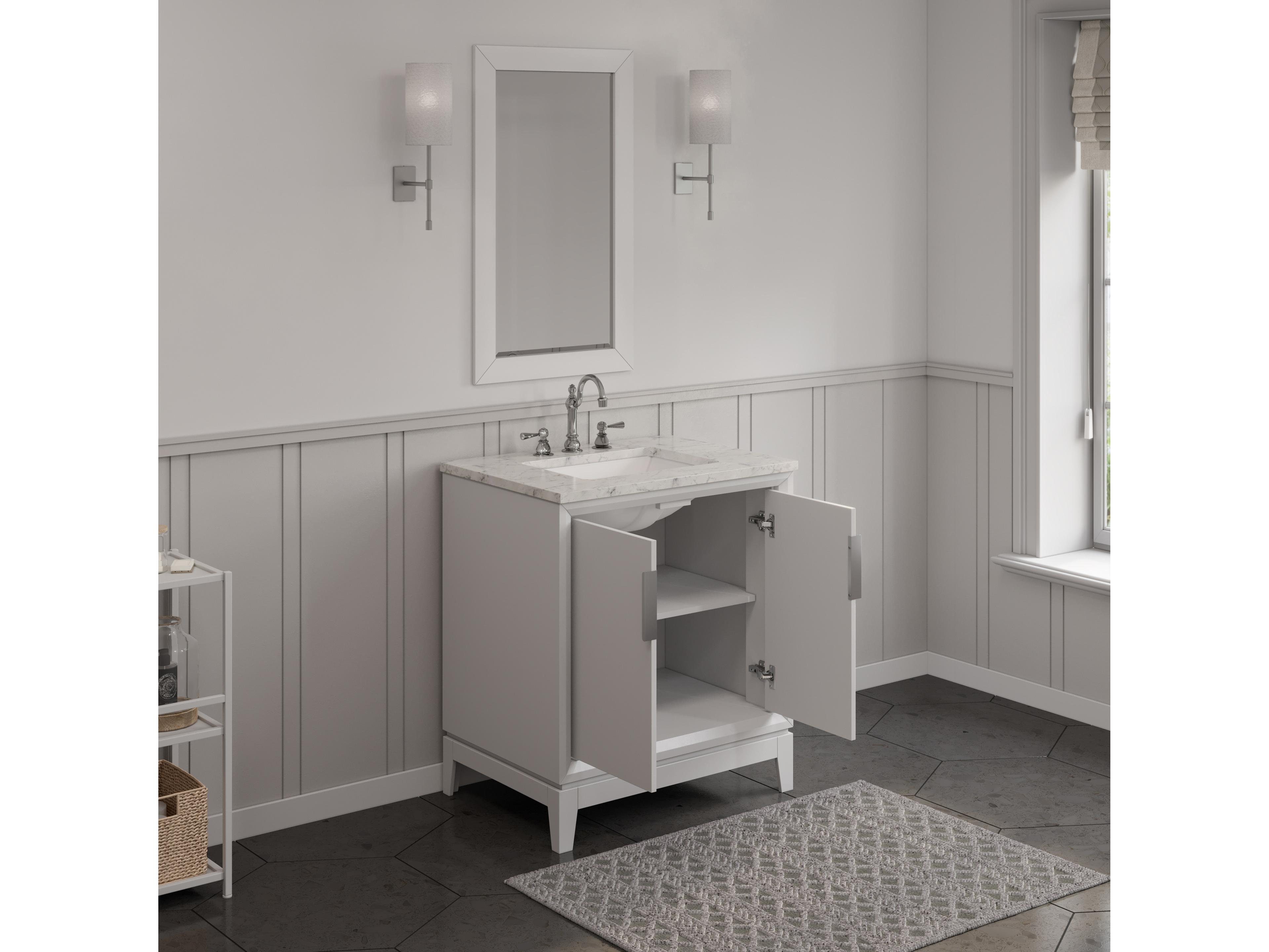 Water Creation Elizabeth Single Sink Carrara White Marble Countertop Bath Vanity In Pure White With Brushed Silver Hardware, Chrome Hook Faucet and Rectangular Mirror (S)