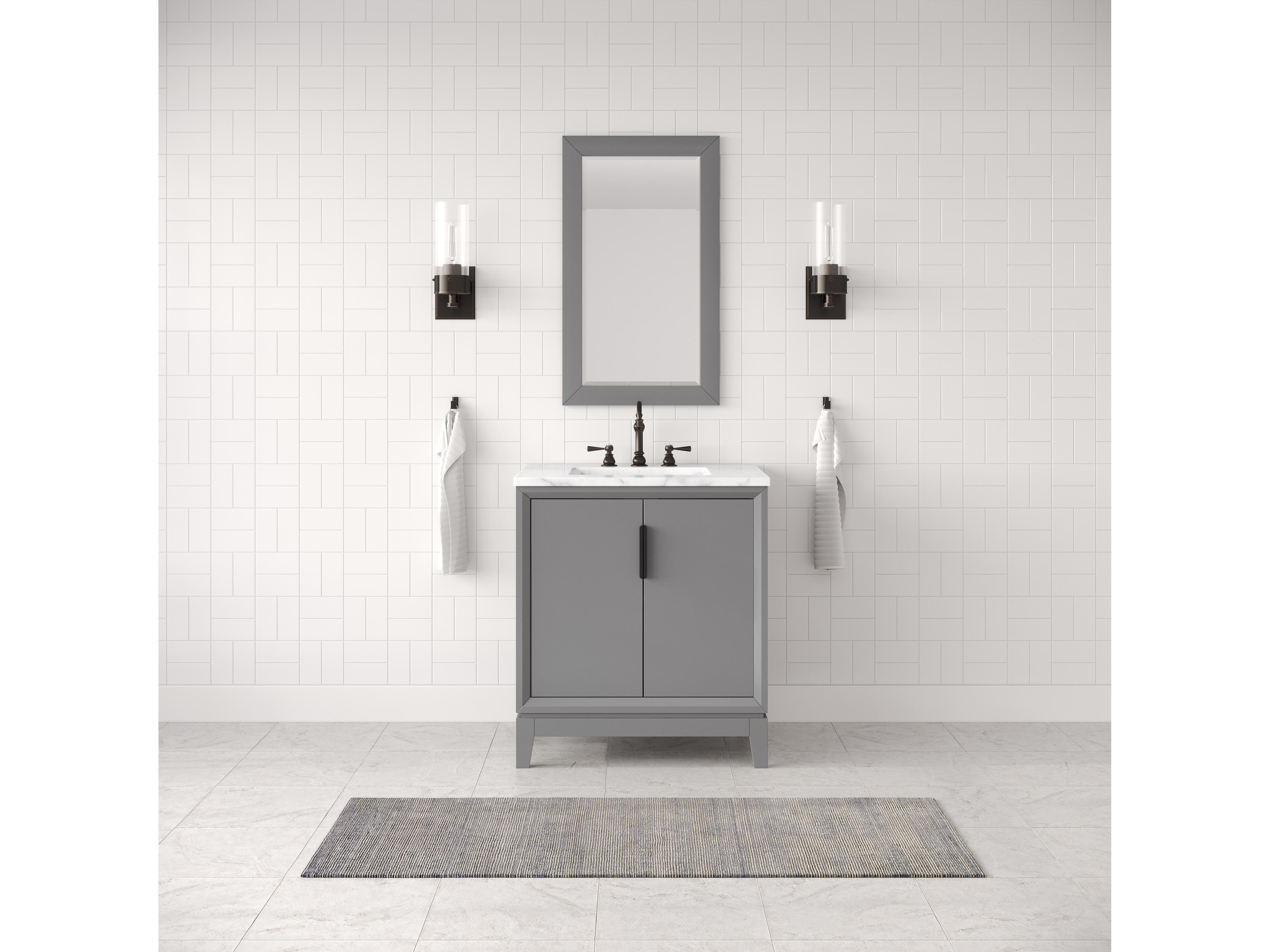 Water Creation Elizabeth Single Sink Carrara White Marble Countertop Bath Vanity In Cashmere Grey With Bronze Hardware and Oil Rubbed Bronze Hook Faucet