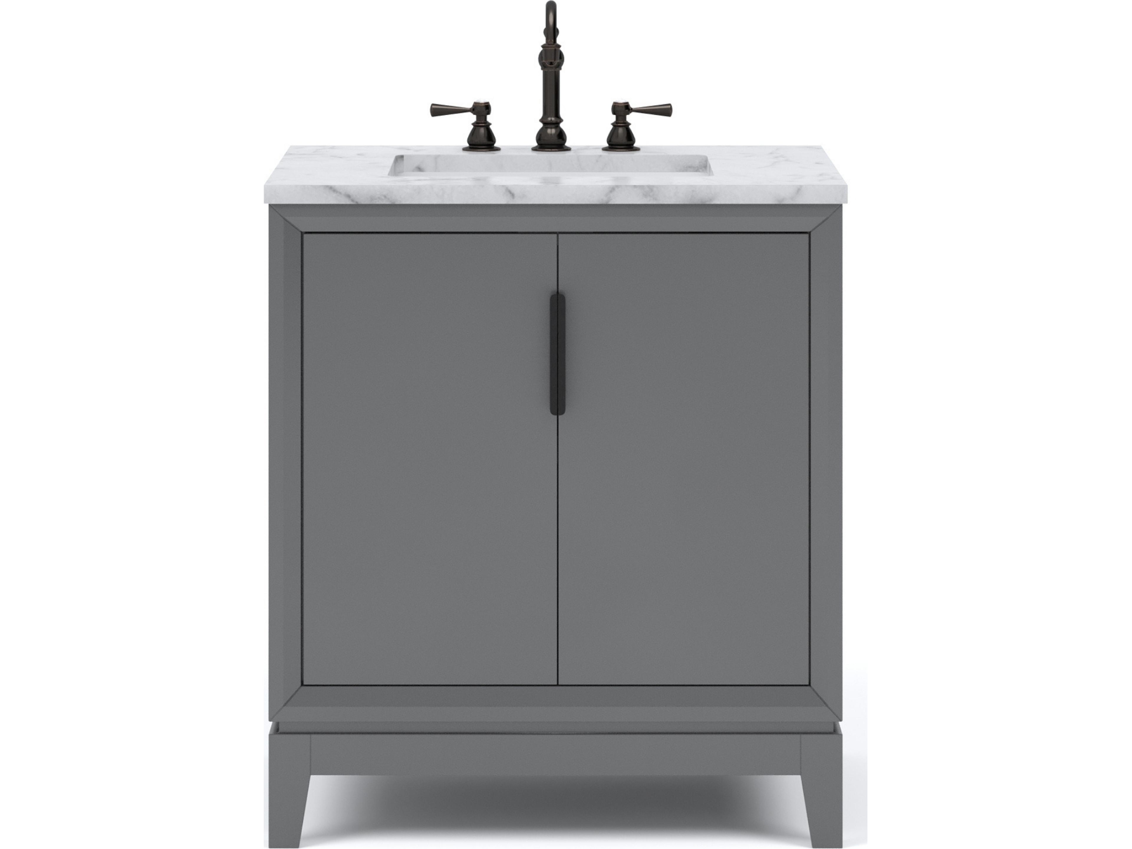 Water Creation Elizabeth Single Sink Carrara White Marble Countertop Bath Vanity In Cashmere Grey With Bronze Hardware and Oil Rubbed Bronze Hook Faucet