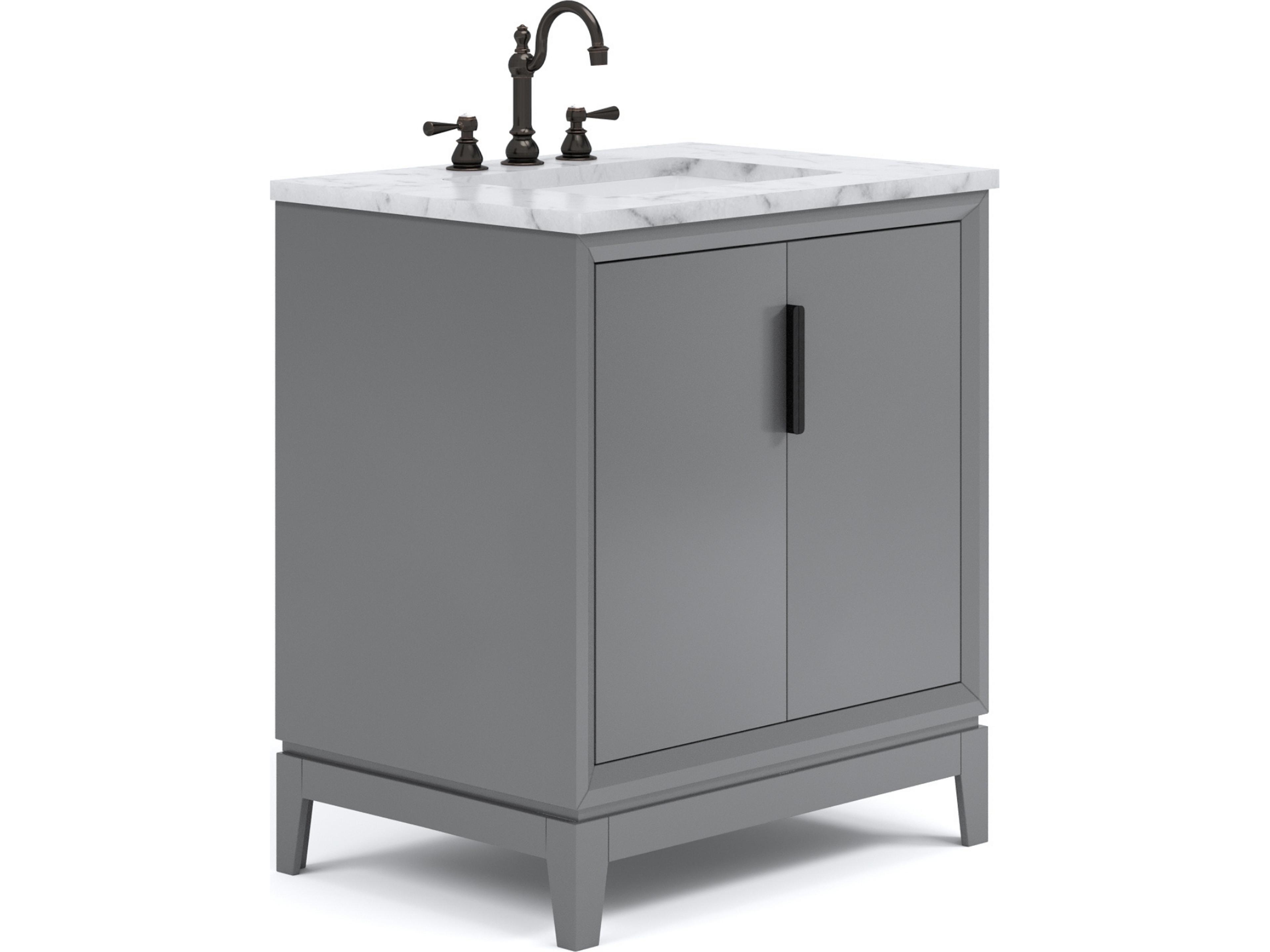 Water Creation Elizabeth Single Sink Carrara White Marble Countertop Bath Vanity In Cashmere Grey With Bronze Hardware and Oil Rubbed Bronze Hook Faucet