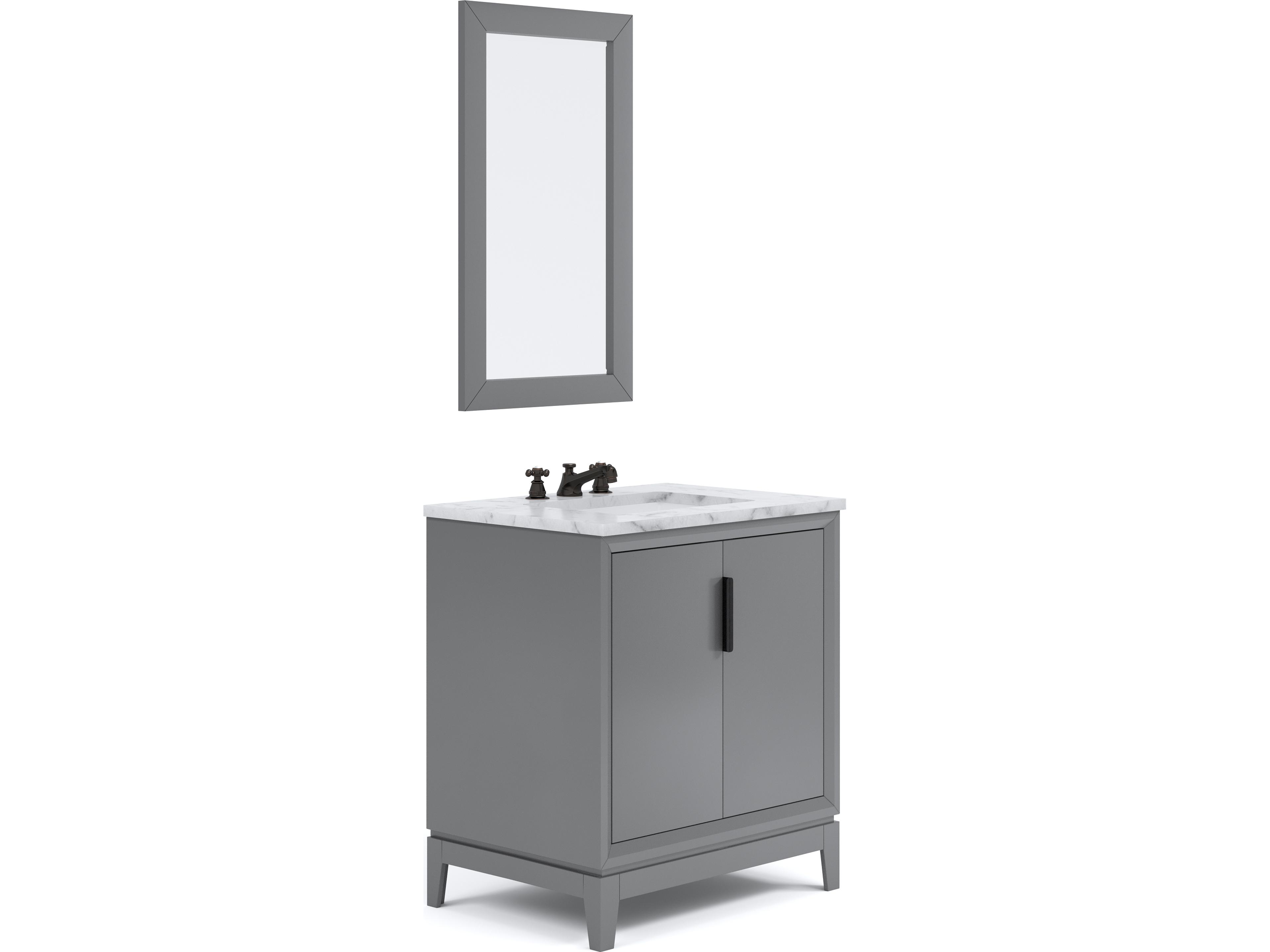 Water Creation Elizabeth Single Sink Carrara White Marble Countertop Bath Vanity In Cashmere Grey With Bronze Hardware, Oil Rubbed Bronze Classic Faucet and Rectangular Mirror (S)