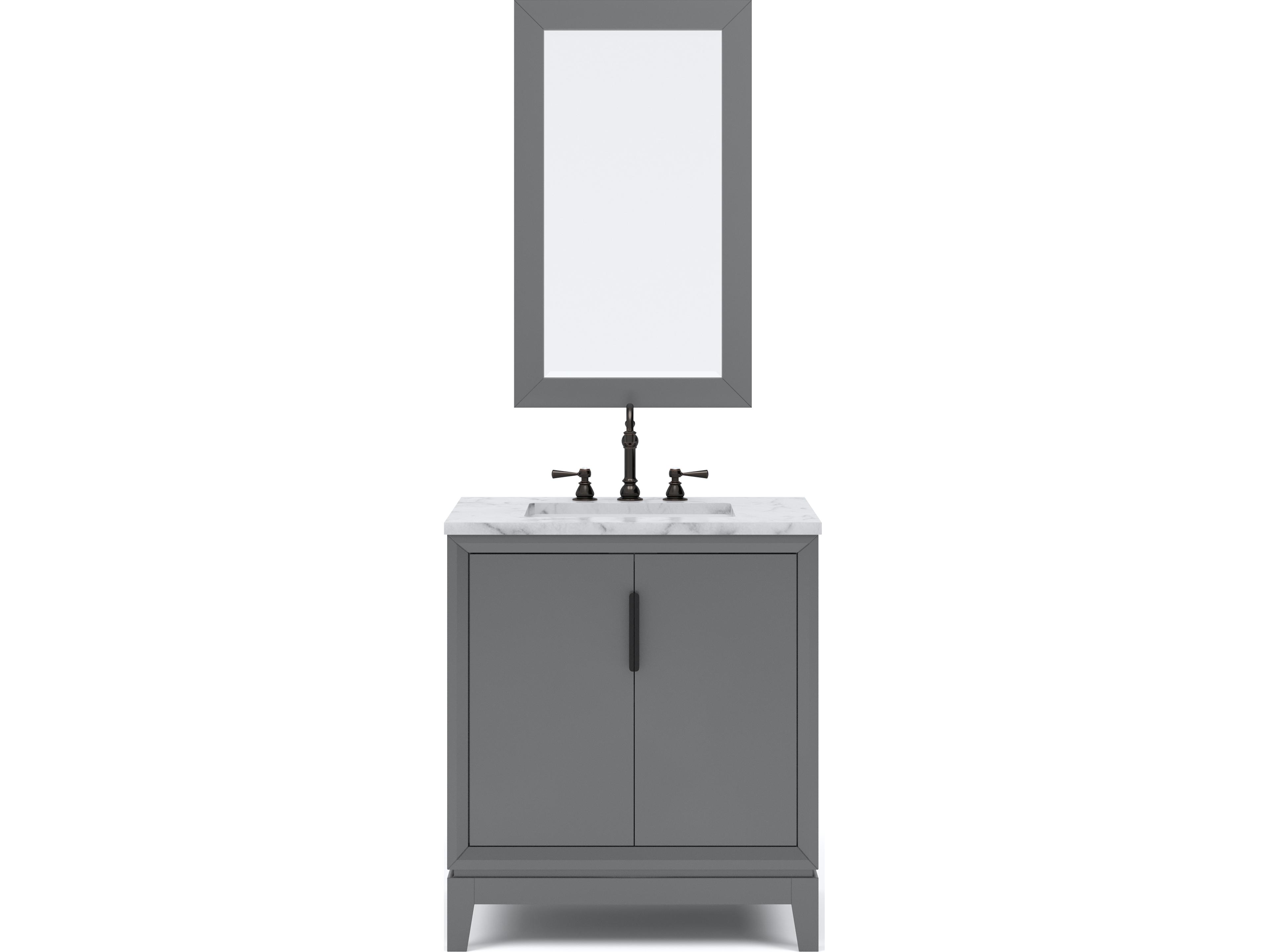 Water Creation Elizabeth Single Sink Carrara White Marble Countertop Bath Vanity In Cashmere Grey With Bronze Hardware, Oil Rubbed Bronze Hook Faucet and Rectangular Mirror (S)