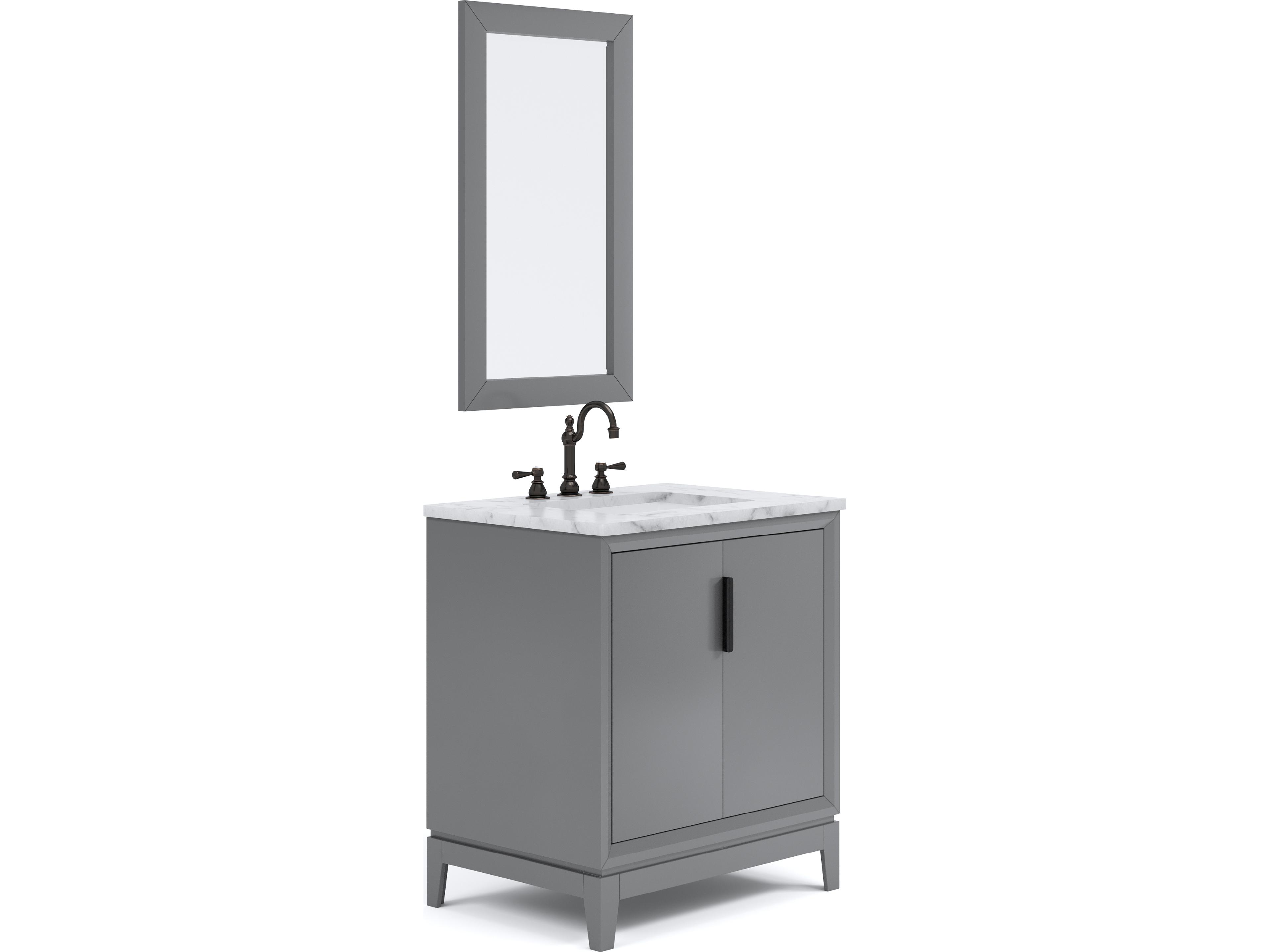 Water Creation Elizabeth Single Sink Carrara White Marble Countertop Bath Vanity In Cashmere Grey With Bronze Hardware, Oil Rubbed Bronze Hook Faucet and Rectangular Mirror (S)