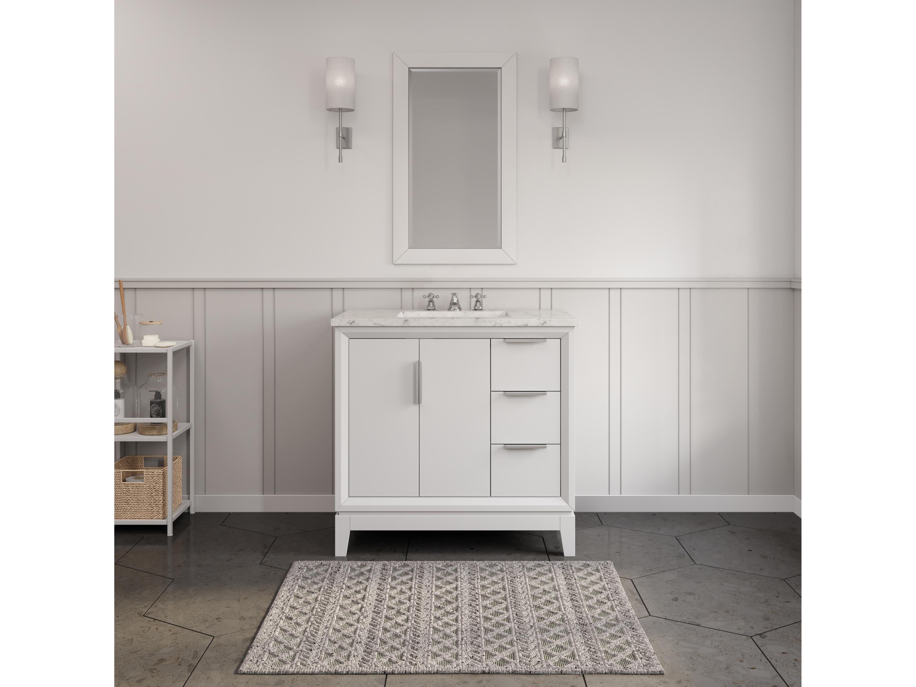 Water Creation Elizabeth Single Sink Carrara White Marble Countertop Bath Vanity In Pure White With Brushed Silver Hardware, Chrome Classic Faucet and Rectangular Mirror