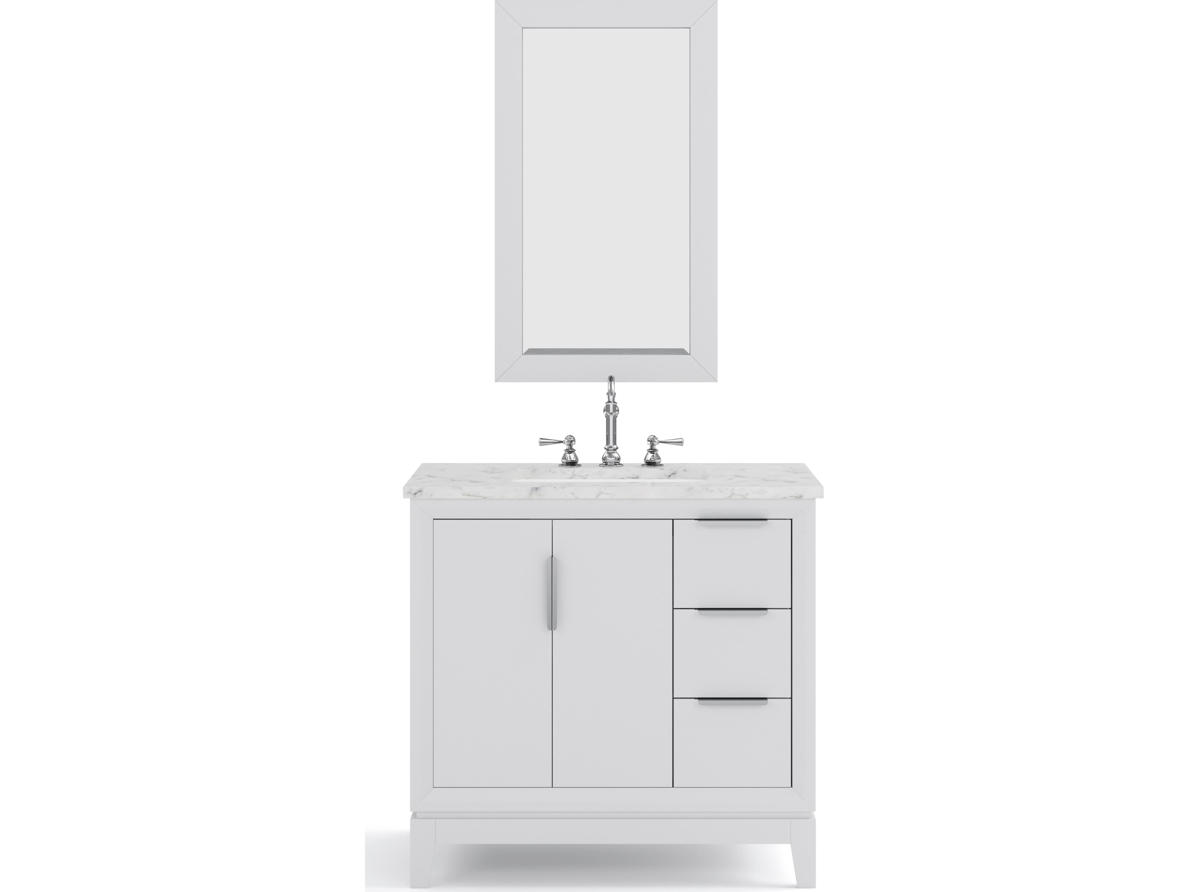 Water Creation Elizabeth Single Sink Carrara White Marble Countertop Bath Vanity In Pure White With Brushed Silver Hardware, Chrome Hook Faucet and Rectangular Mirror