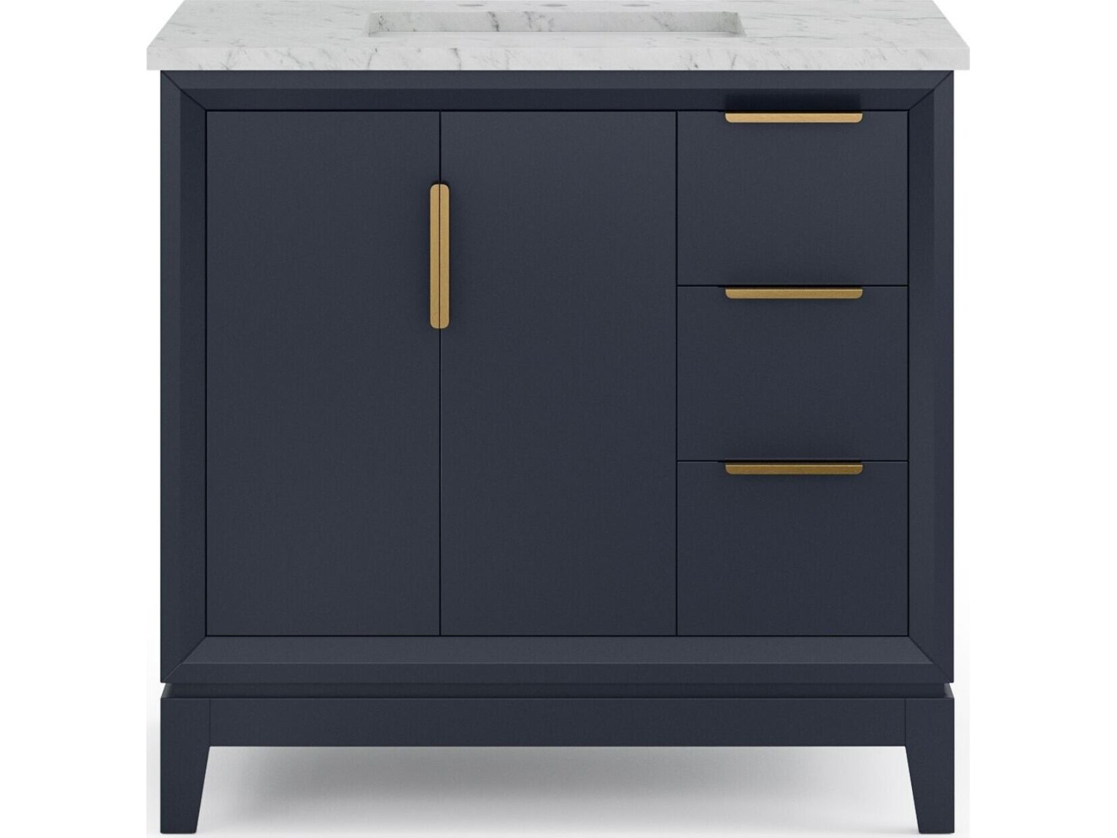 Water Creation Elizabeth Single Sink Carrara White Marble Countertop Bath Vanity In Monarch Blue with Satin Gold Hardware