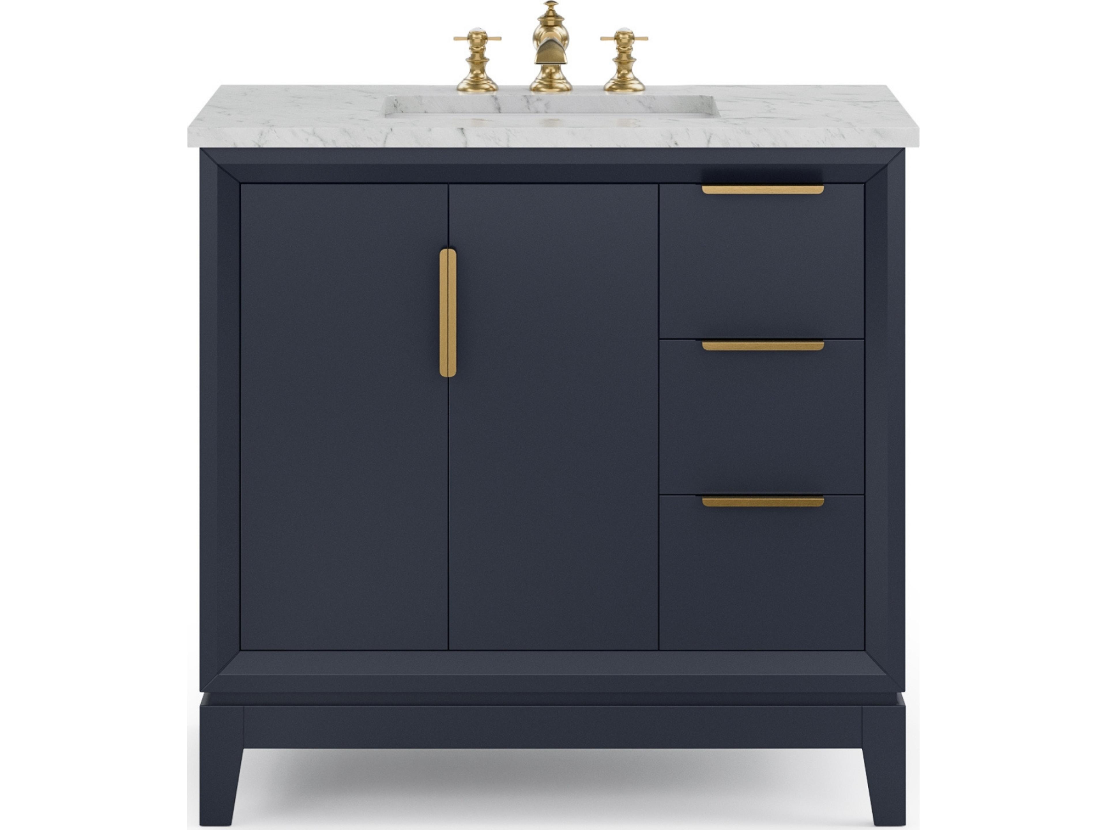 Water Creation Elizabeth Single Sink Carrara White Marble Countertop Bath Vanity In Monarch Blue With Satin Gold Hardware and Waterfall Faucet