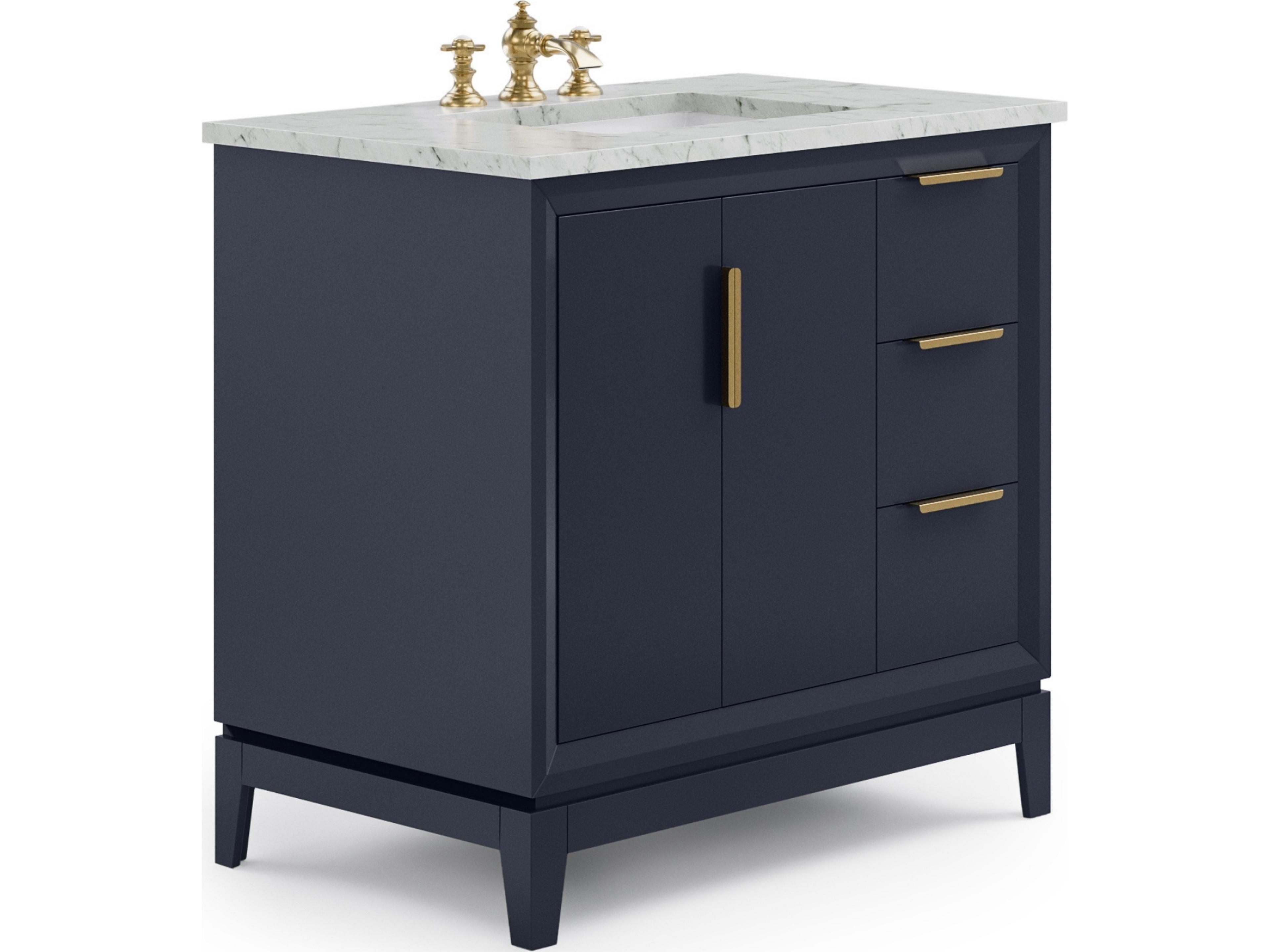 Water Creation Elizabeth Single Sink Carrara White Marble Countertop Bath Vanity In Monarch Blue With Satin Gold Hardware and Waterfall Faucet