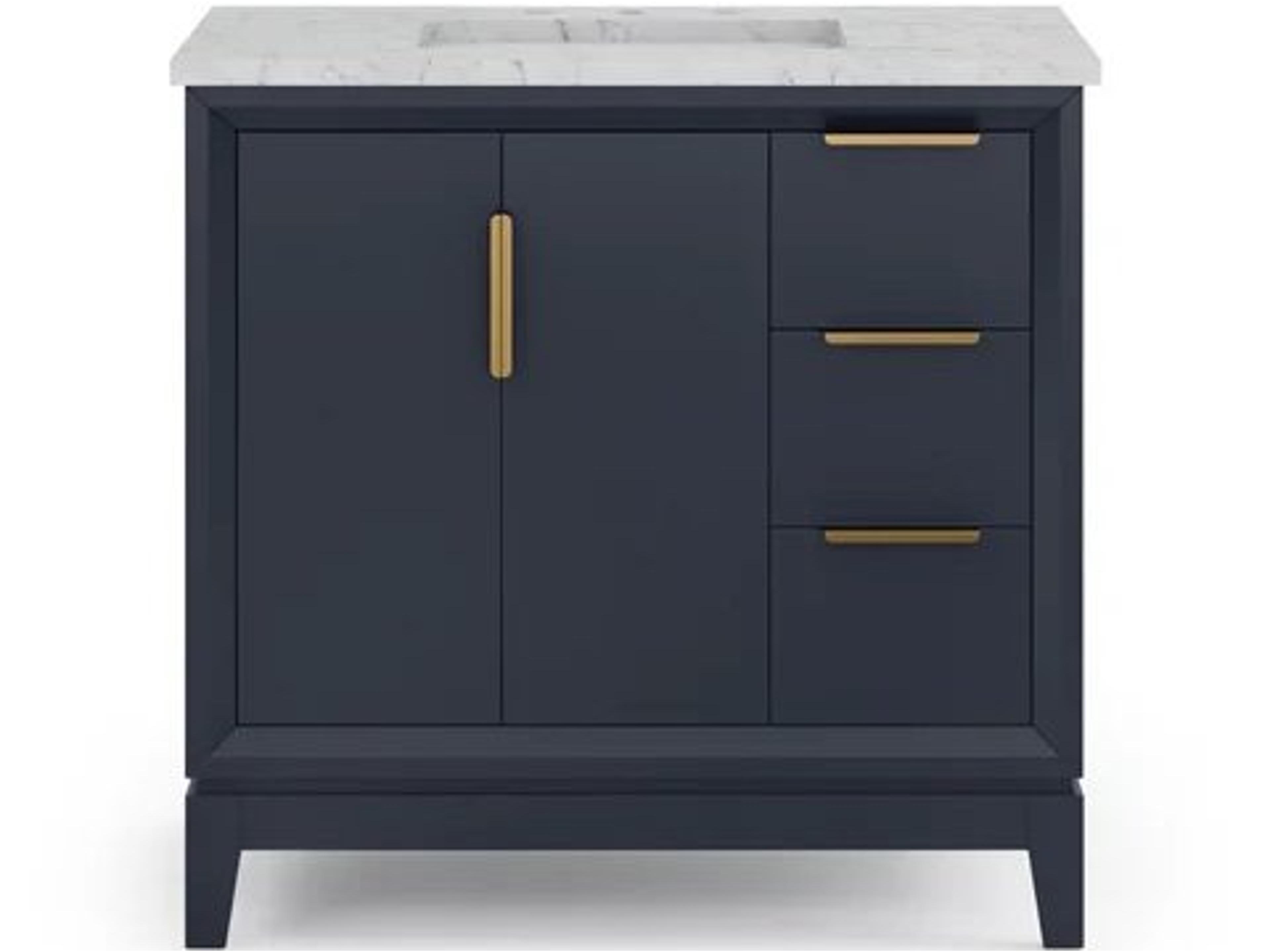 Water Creation Elizabeth  Single Sink Carrara White Marble Countertop Bath Vanity In Monarch Blue With Satin Gold Hardware and Hook Faucet