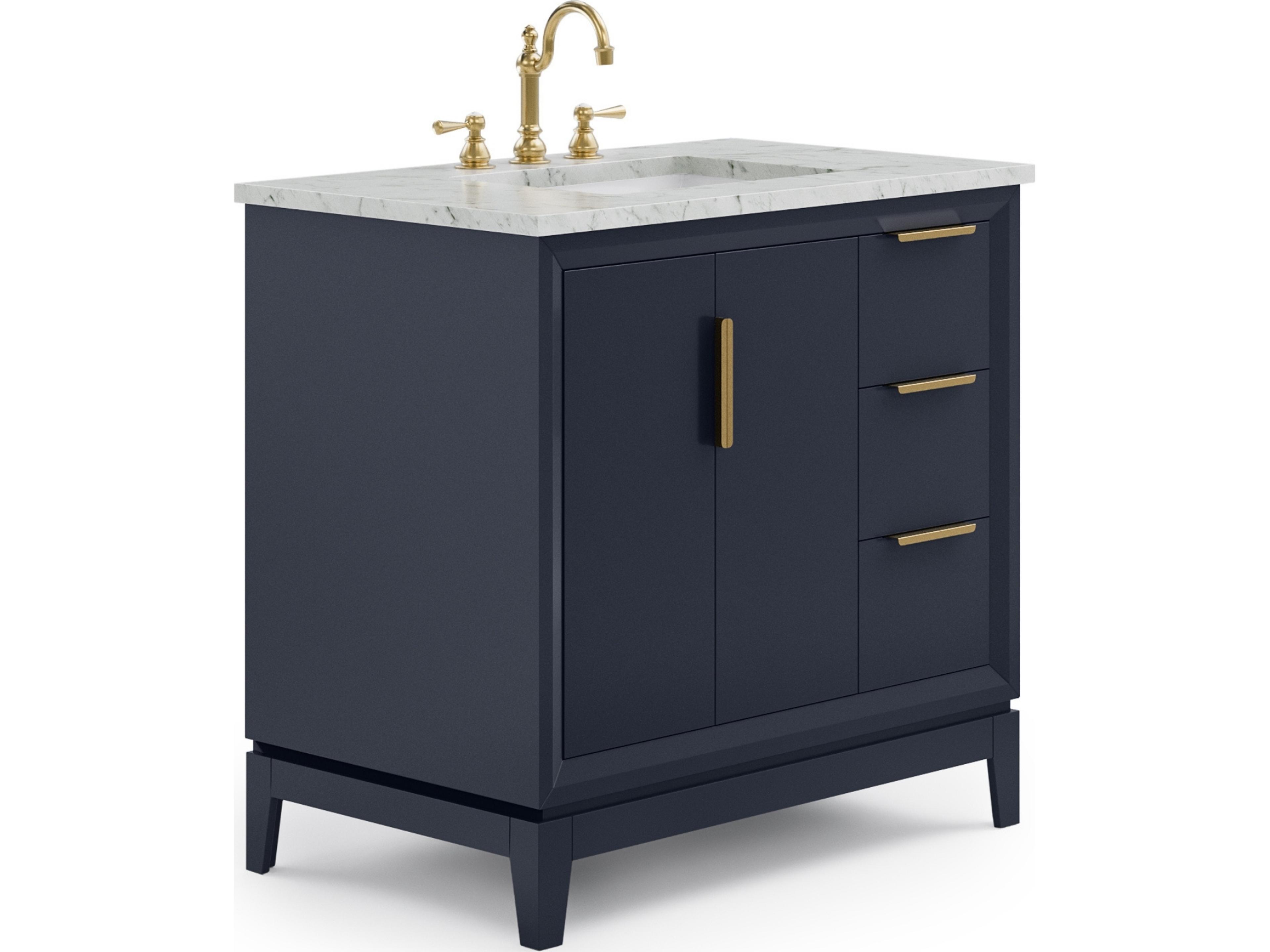 Water Creation Elizabeth  Single Sink Carrara White Marble Countertop Bath Vanity In Monarch Blue With Satin Gold Hardware and Hook Faucet