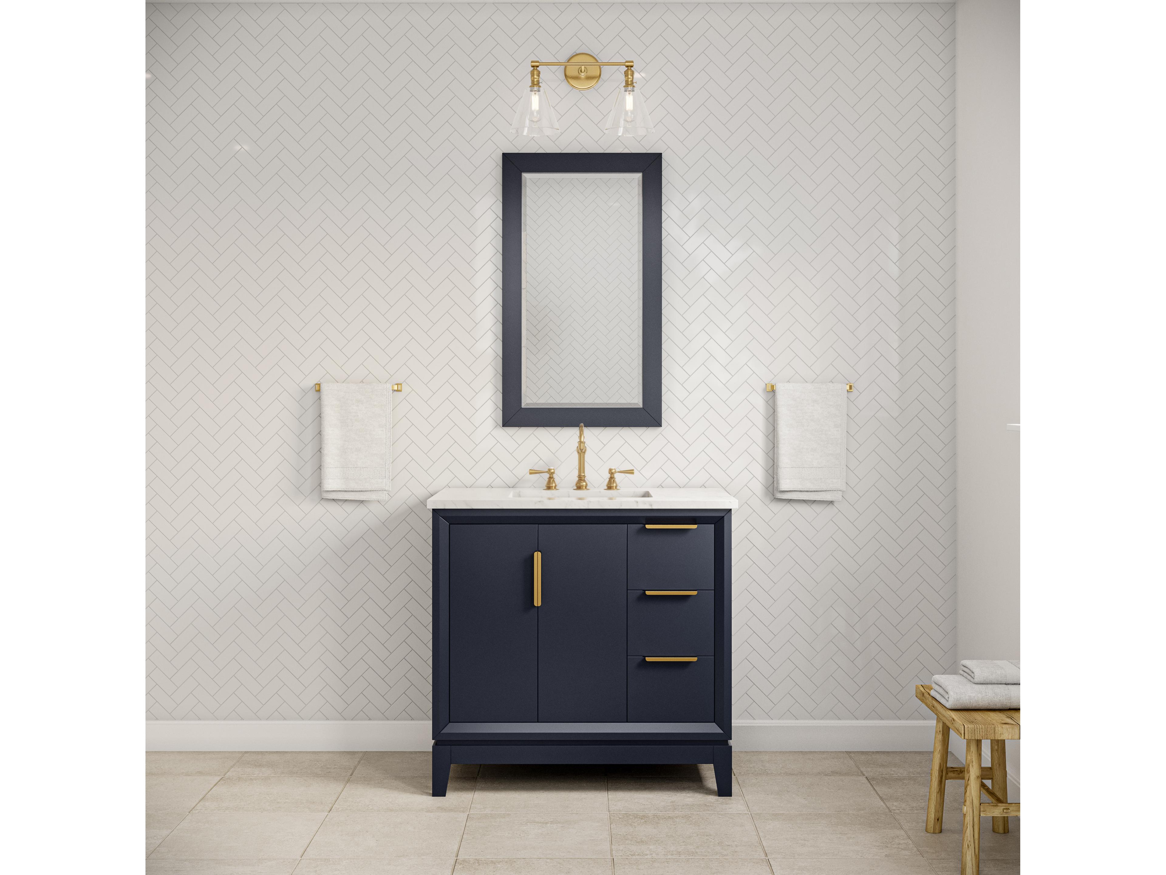Water Creation Elizabeth Single Sink Carrara White Marble Countertop Bath Vanity In Monarch Blue With Satin Gold Hardware and Rectangular Mirror (S)