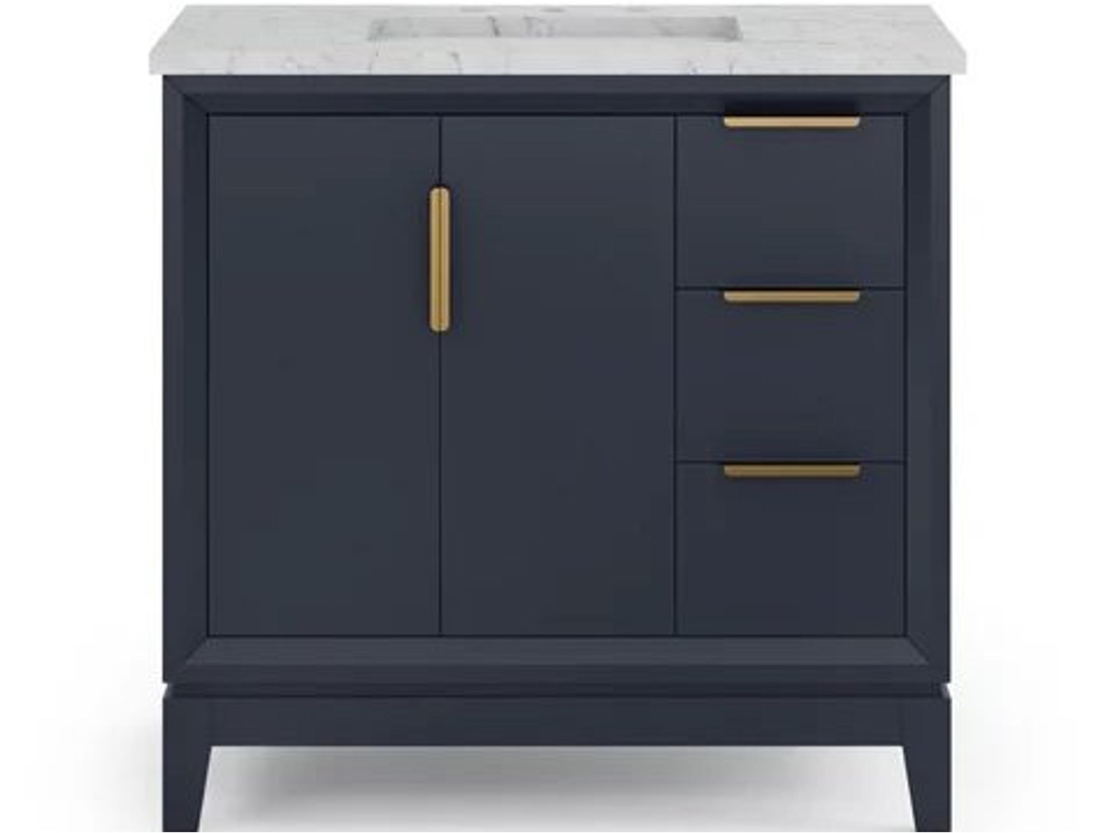 Water Creation Elizabeth Single Sink Carrara White Marble Countertop Bath Vanity In Monarch Blue With Satin Gold Hardware and Rectangular Mirror (S)