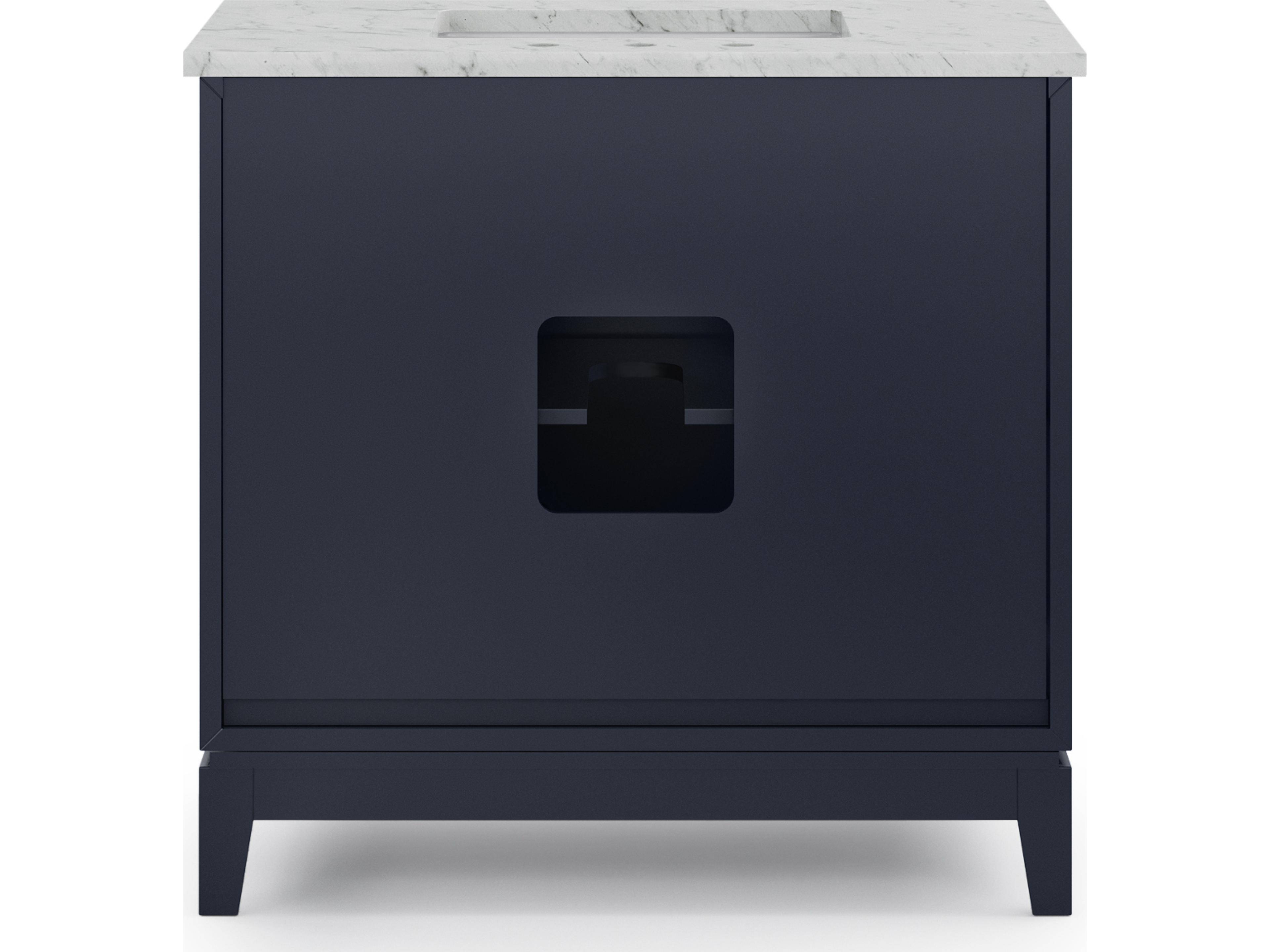 Water Creation Elizabeth Single Sink Carrara White Marble Countertop Bath Vanity In Monarch Blue With Satin Gold Hardware and Rectangular Mirror (S)