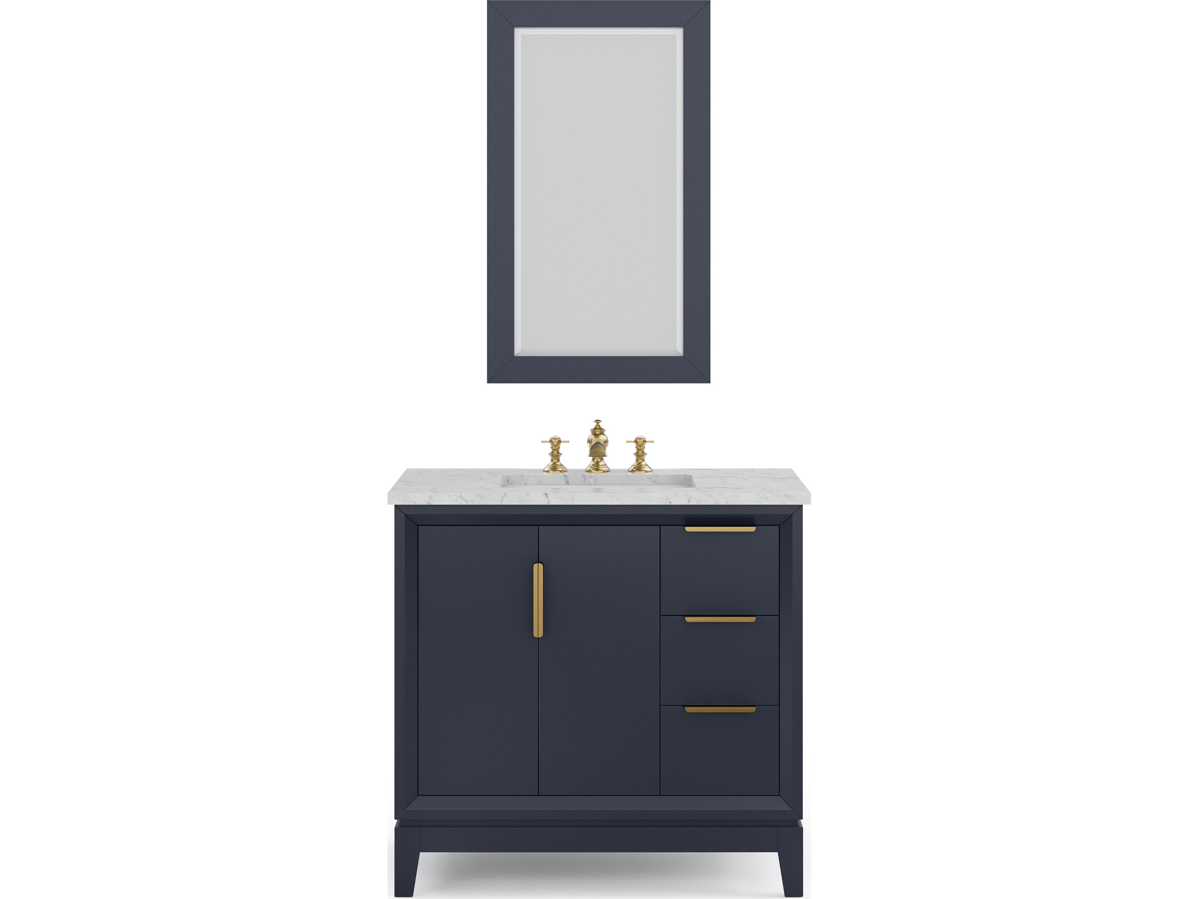 Water Creation Elizabeth Single Sink Carrara White Marble Countertop Bath Vanity In Monarch Blue With Satin Gold Hardware, Waterfall Faucet and Rectangular Mirror (S)