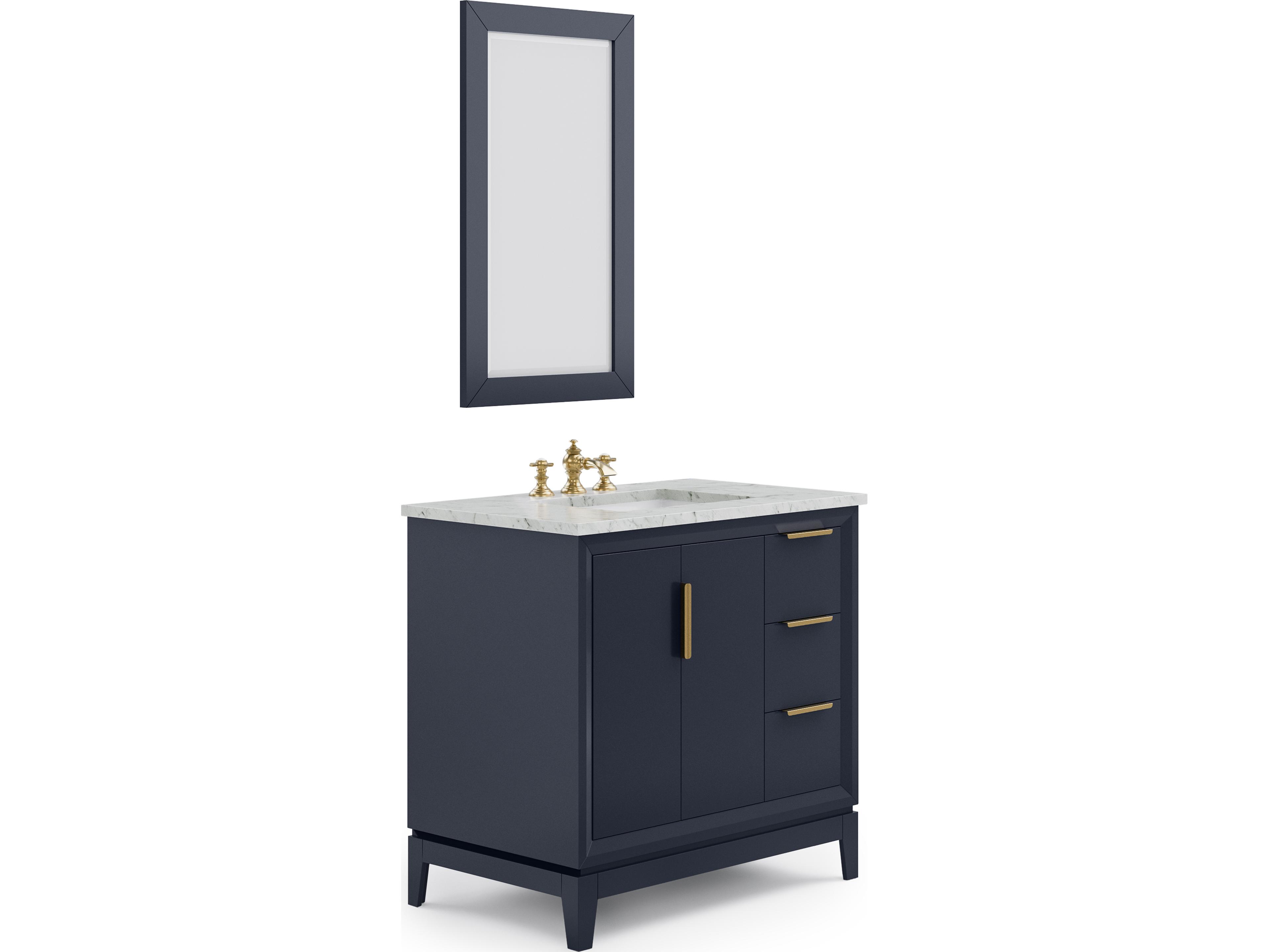 Water Creation Elizabeth Single Sink Carrara White Marble Countertop Bath Vanity In Monarch Blue With Satin Gold Hardware, Waterfall Faucet and Rectangular Mirror (S)