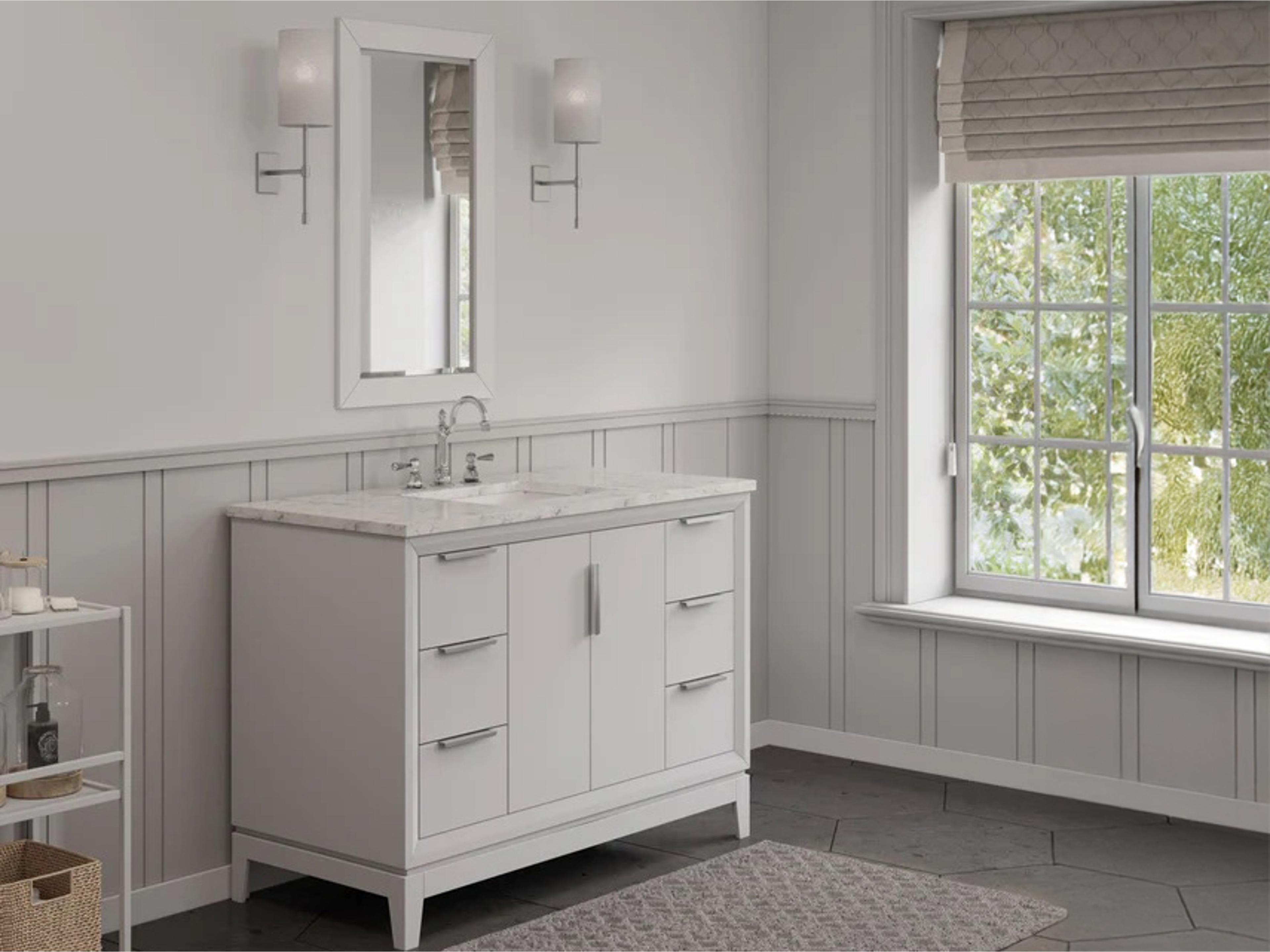 Water Creation Elizabeth Single Sink Carrara White Marble Countertop Bath Vanity In Pure White with Brushed Silver Hardware