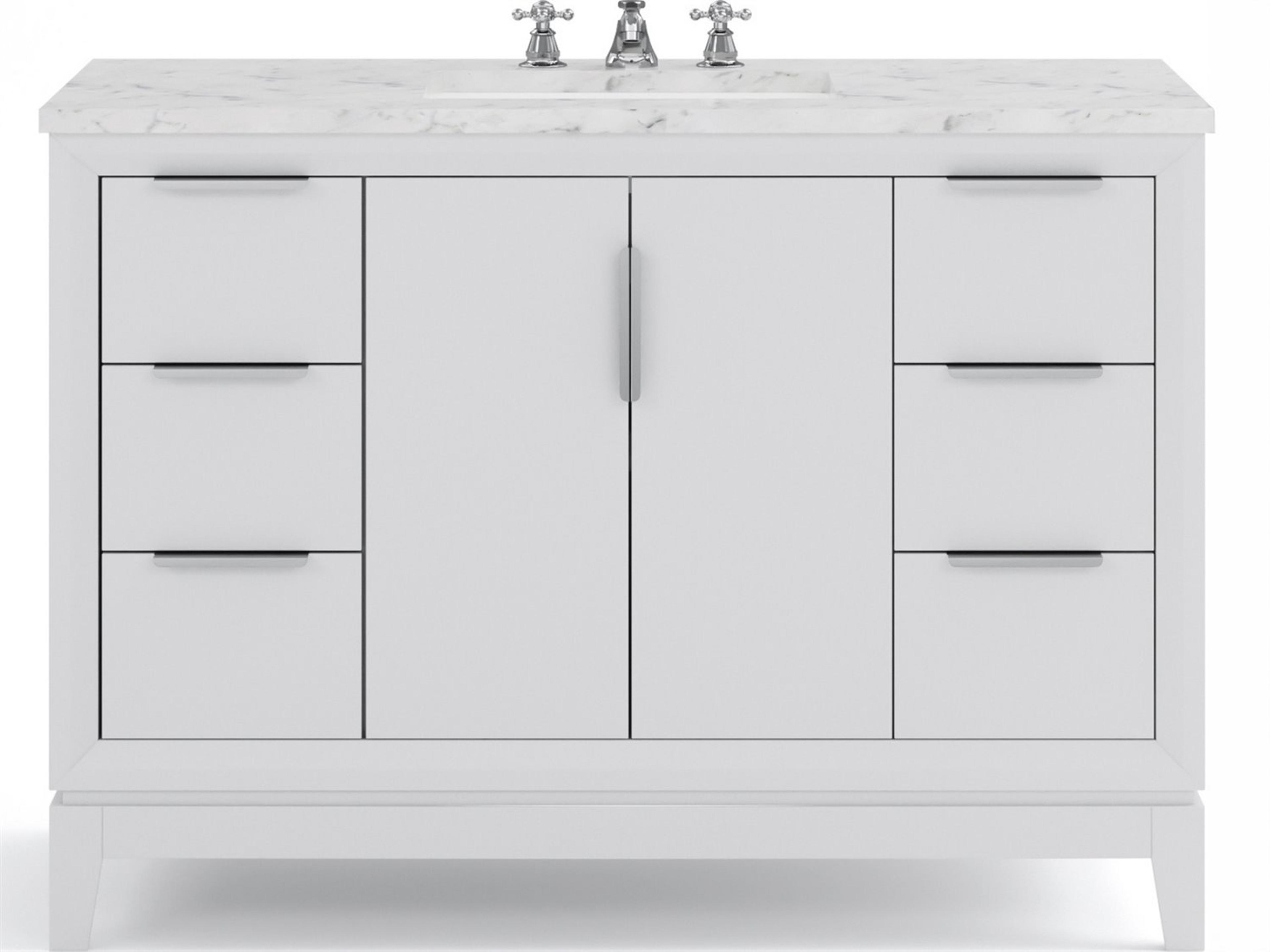 Elizabeth Single Sink Carrara White Marble Countertop Bath Vanity In Pure White With Brushed Silver Hardware and Chrome Classic Faucet