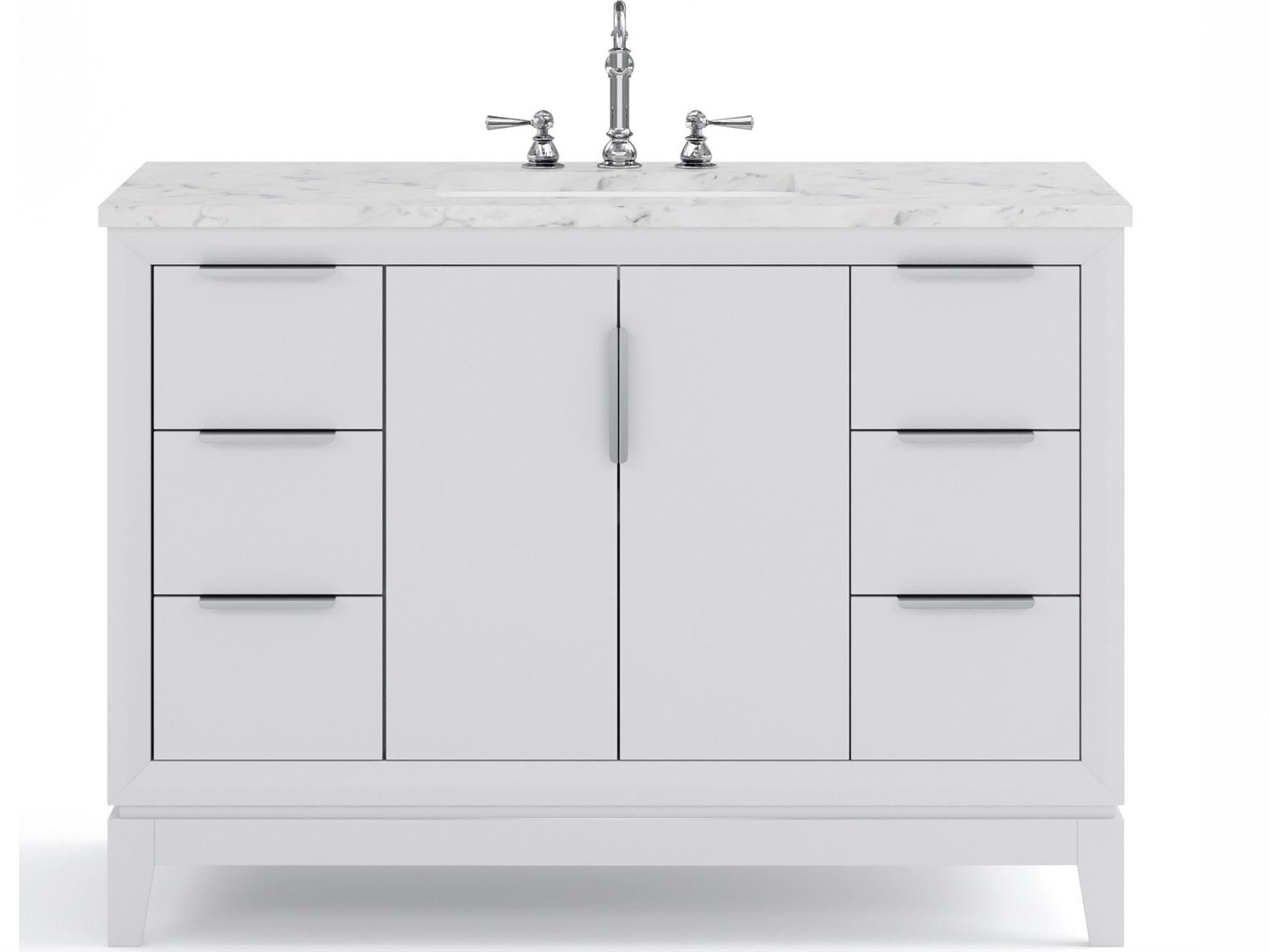 Water Creation Elizabeth  Single Sink Carrara White Marble Countertop Bath Vanity In Pure White With Brushed Silver Hardware and Chrome Hook Faucet