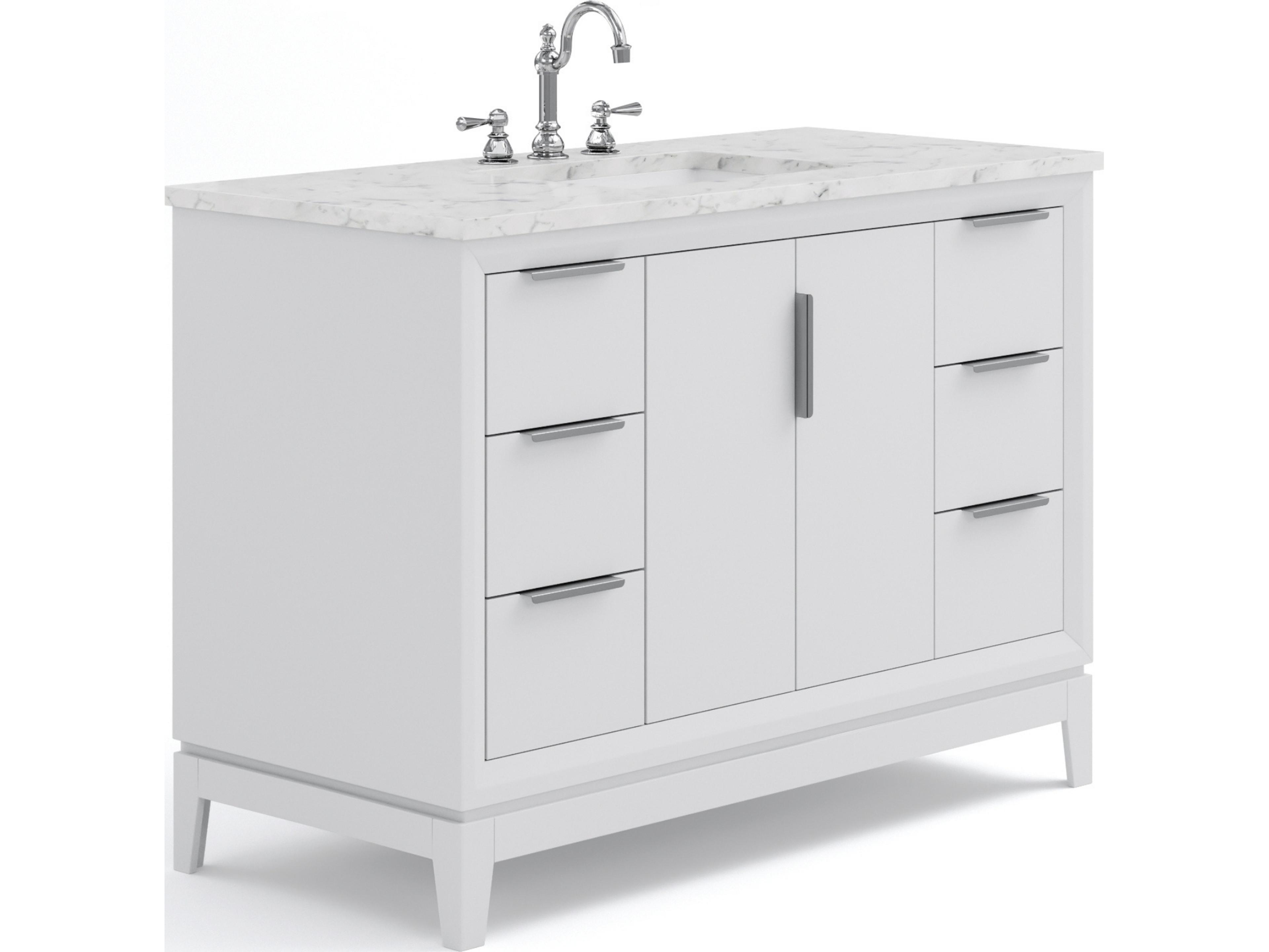 Water Creation Elizabeth  Single Sink Carrara White Marble Countertop Bath Vanity In Pure White With Brushed Silver Hardware and Chrome Hook Faucet