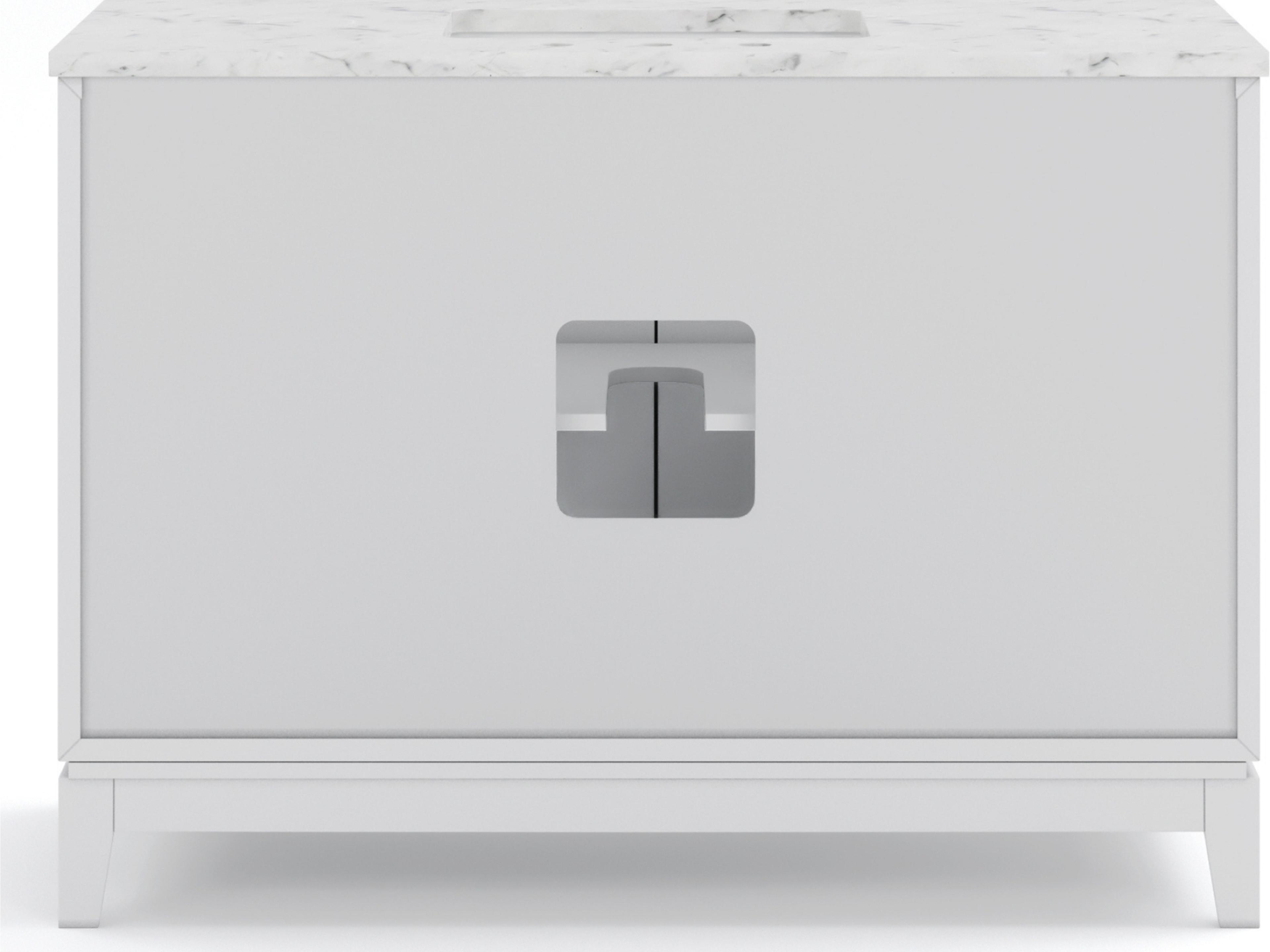 Water Creation Elizabeth  Single Sink Carrara White Marble Countertop Bath Vanity In Pure White With Brushed Silver Hardware and Chrome Hook Faucet