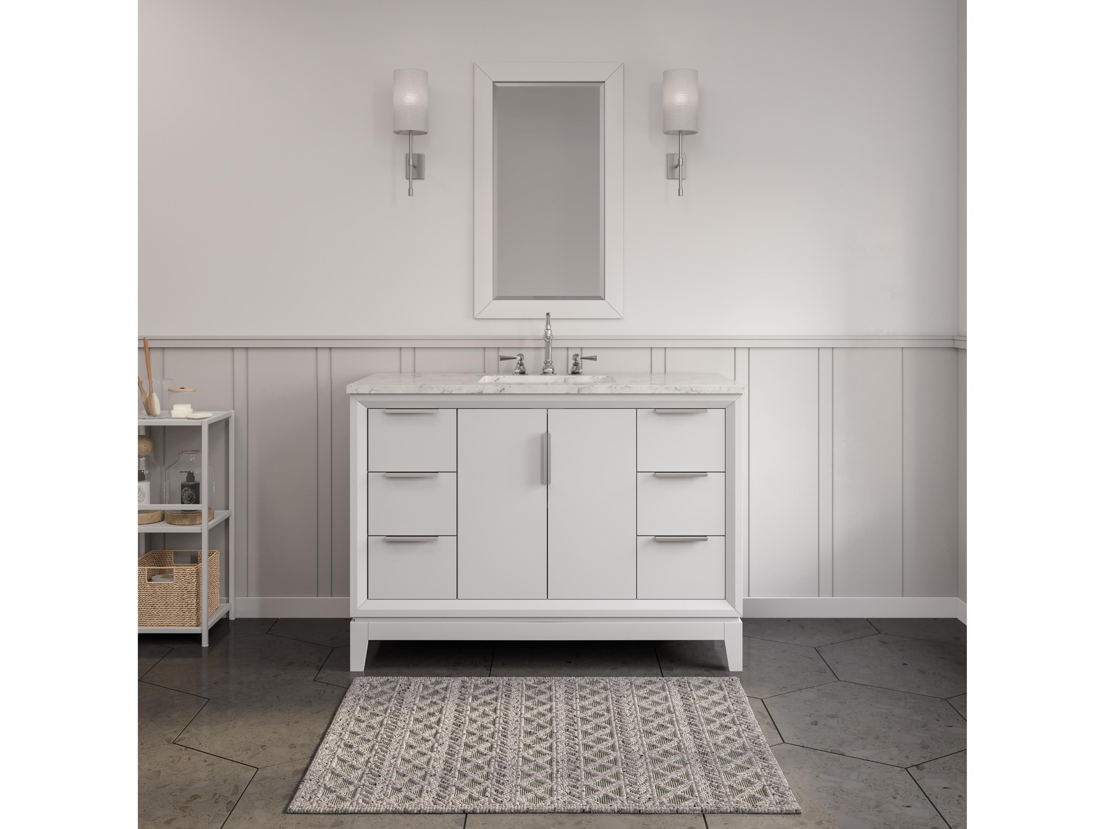 Water Creation Elizabeth Single Sink Carrara White Marble Countertop Bath Vanity In Pure White With Brushed Silver Hardware and Rectangular Mirror (S)