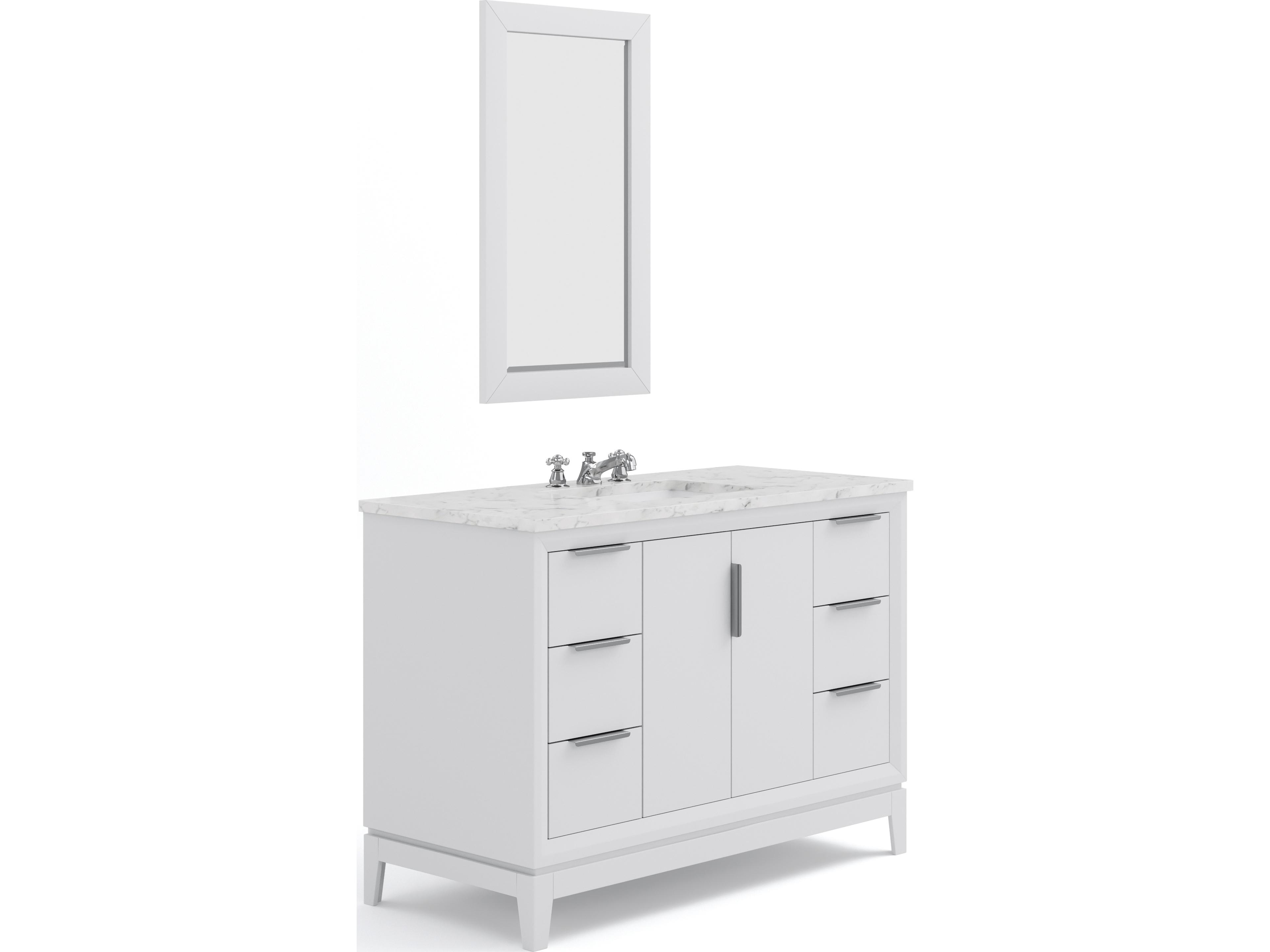 Water Creation Elizabeth Single Sink Carrara White Marble Countertop Bath Vanity In Pure White With Brushed Silver Hardware, Chrome Classic Faucet and Rectangular Mirror (S)