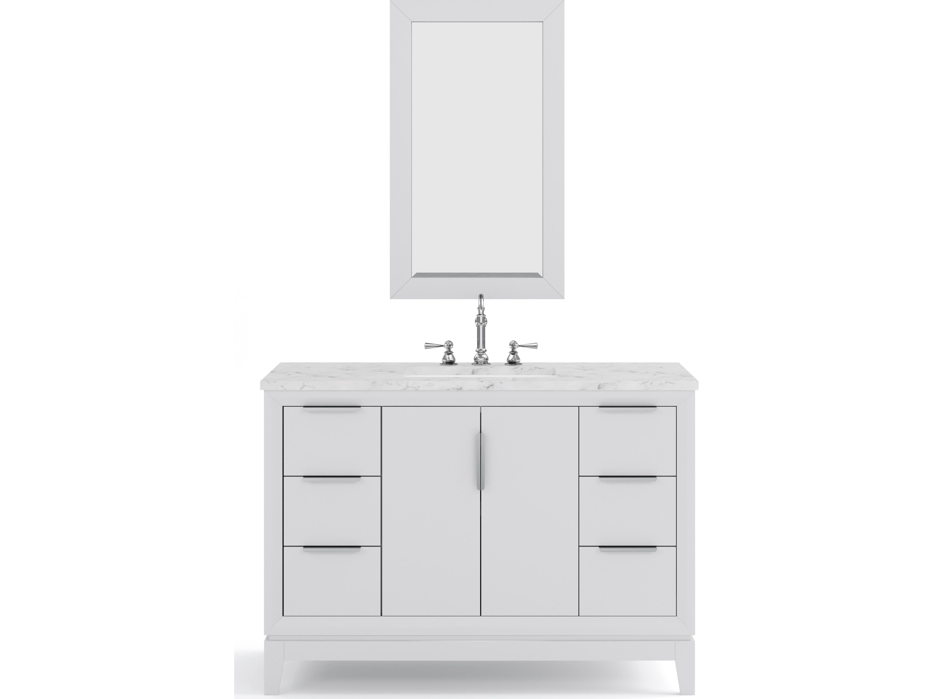 Water Creation Elizabeth Single Sink Carrara White Marble Countertop Bath Vanity In Pure White With Brushed Silver Hardware, Chrome Hook Faucet and Rectangular Mirror (S)