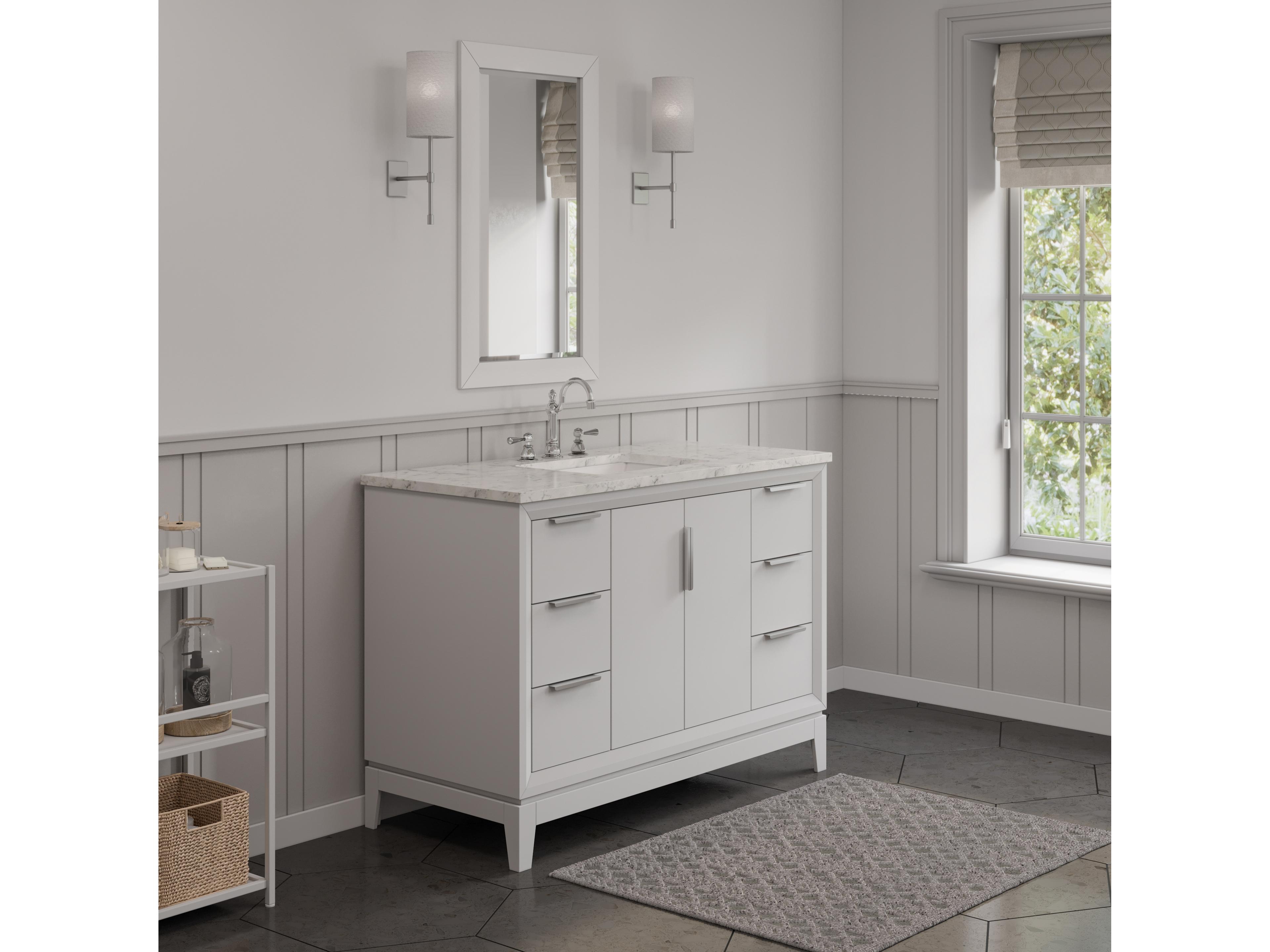 Water Creation Elizabeth Single Sink Carrara White Marble Countertop Bath Vanity In Pure White With Brushed Silver Hardware, Chrome Hook Faucet and Rectangular Mirror (S)