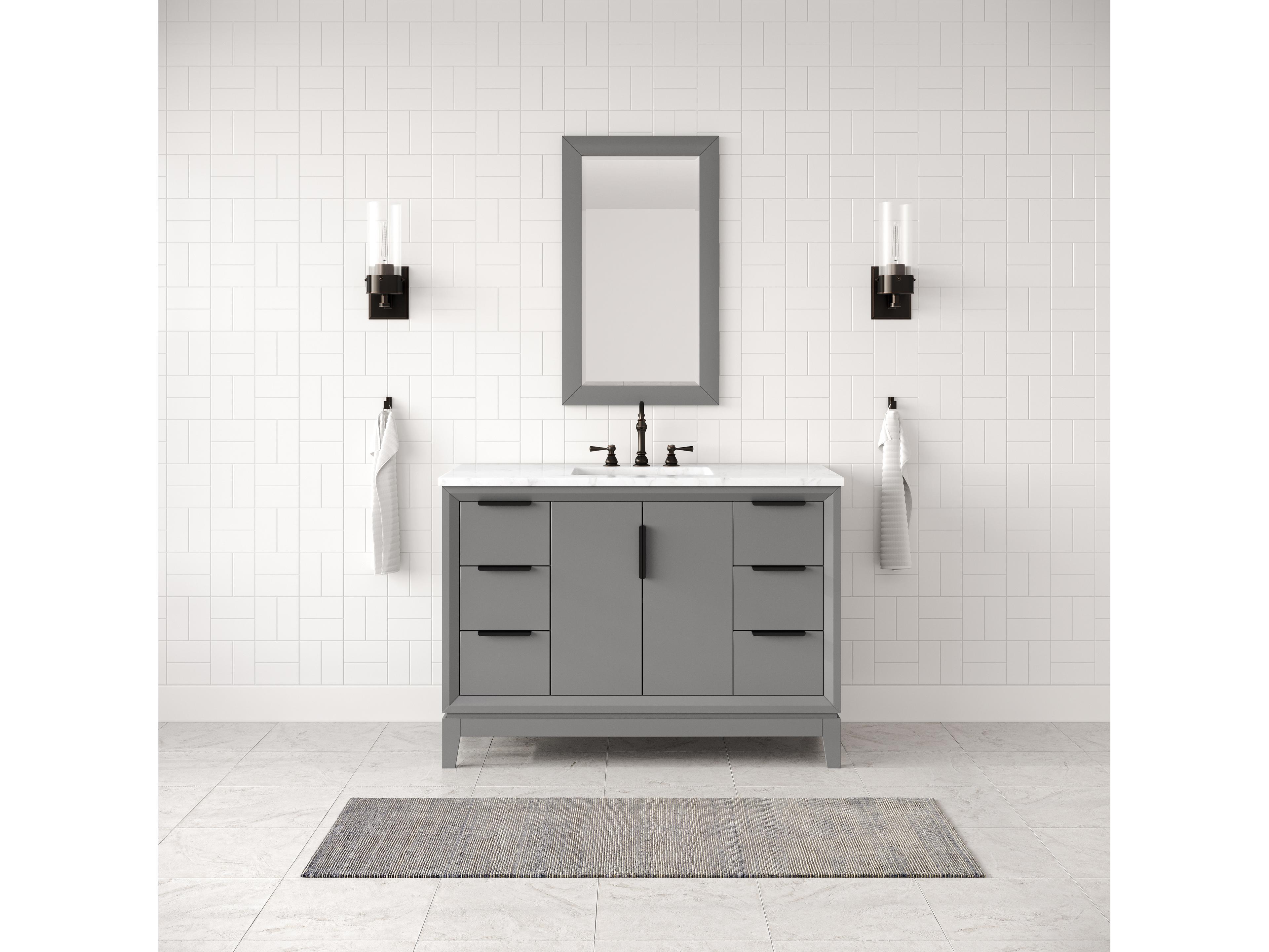 Water Creation Elizabeth Single Sink Carrara White Marble Countertop Bath Vanity In Cashmere Grey With Bronze Hardware and Oil Rubbed Bronze Hook Faucet