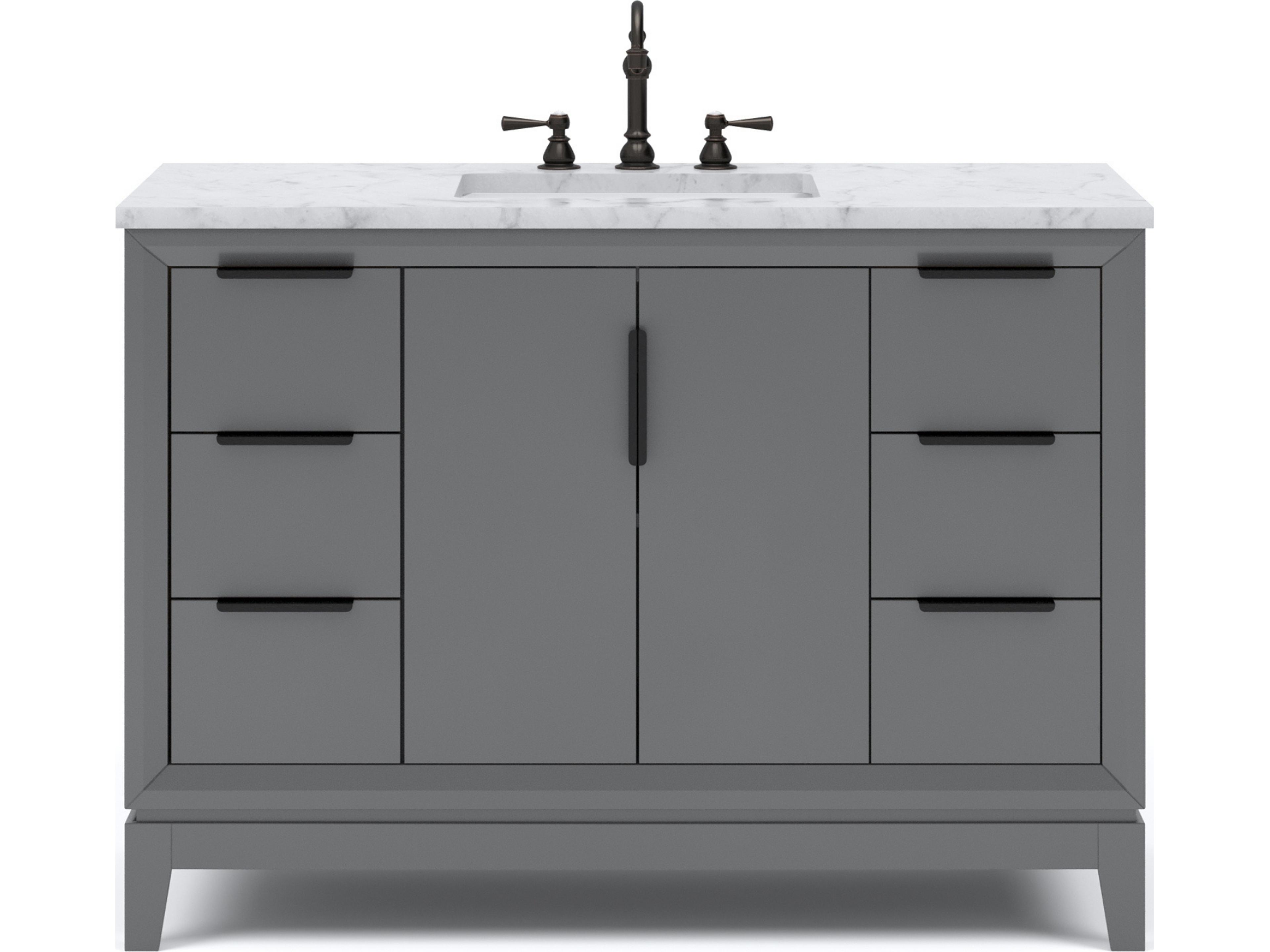 Elizabeth Single Sink Carrara White Marble Countertop Bath Vanity In Cashmere Grey With Bronze Hardware and Oil Rubbed Bronze Hook Faucet