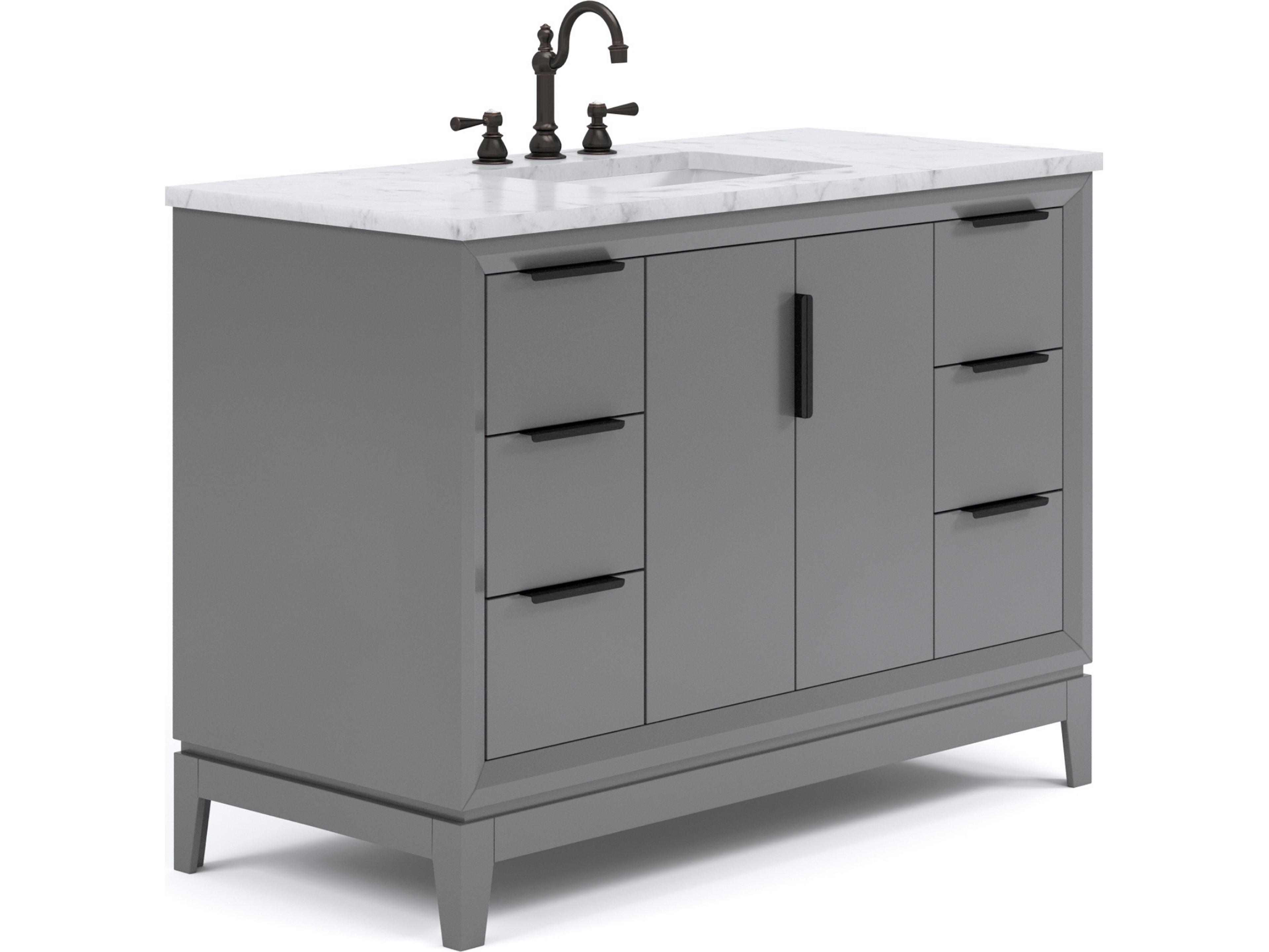 Water Creation Elizabeth Single Sink Carrara White Marble Countertop Bath Vanity In Cashmere Grey With Bronze Hardware and Oil Rubbed Bronze Hook Faucet