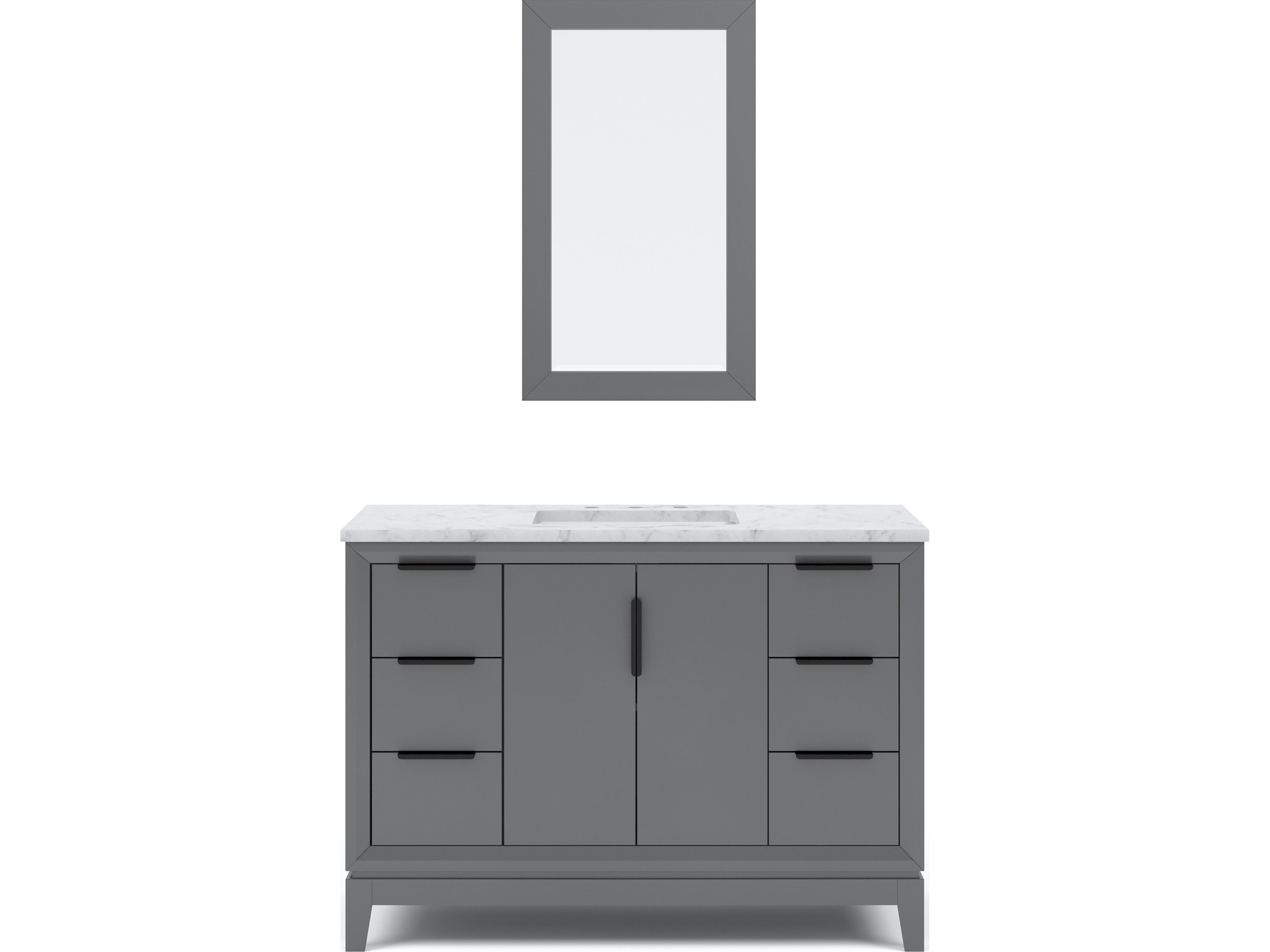 Elizabeth Single Sink Carrara White Marble Countertop Bath Vanity In Cashmere Grey With Bronze Hardware and Rectangular Mirror (S)
