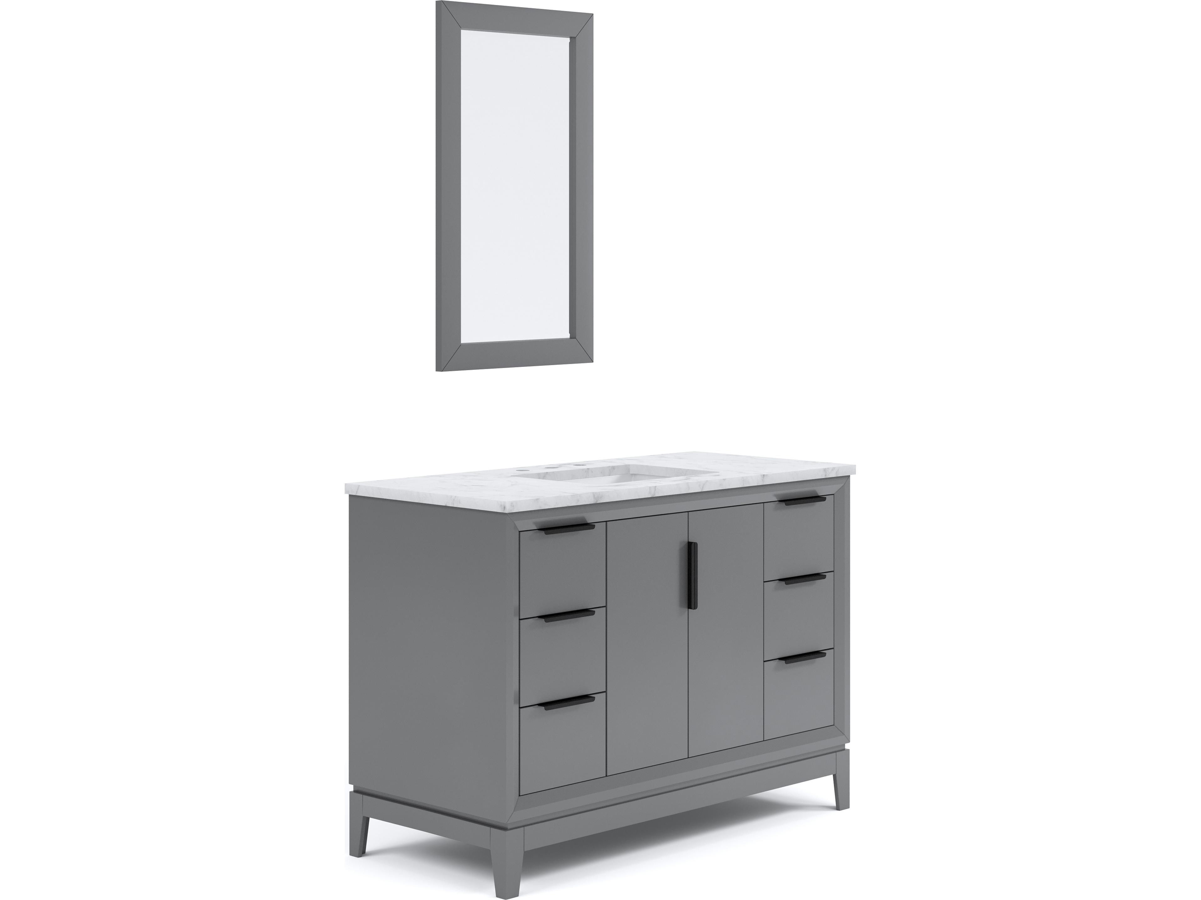 Water Creation Elizabeth Single Sink Carrara White Marble Countertop Bath Vanity In Cashmere Grey With Bronze Hardware and Rectangular Mirror (S)