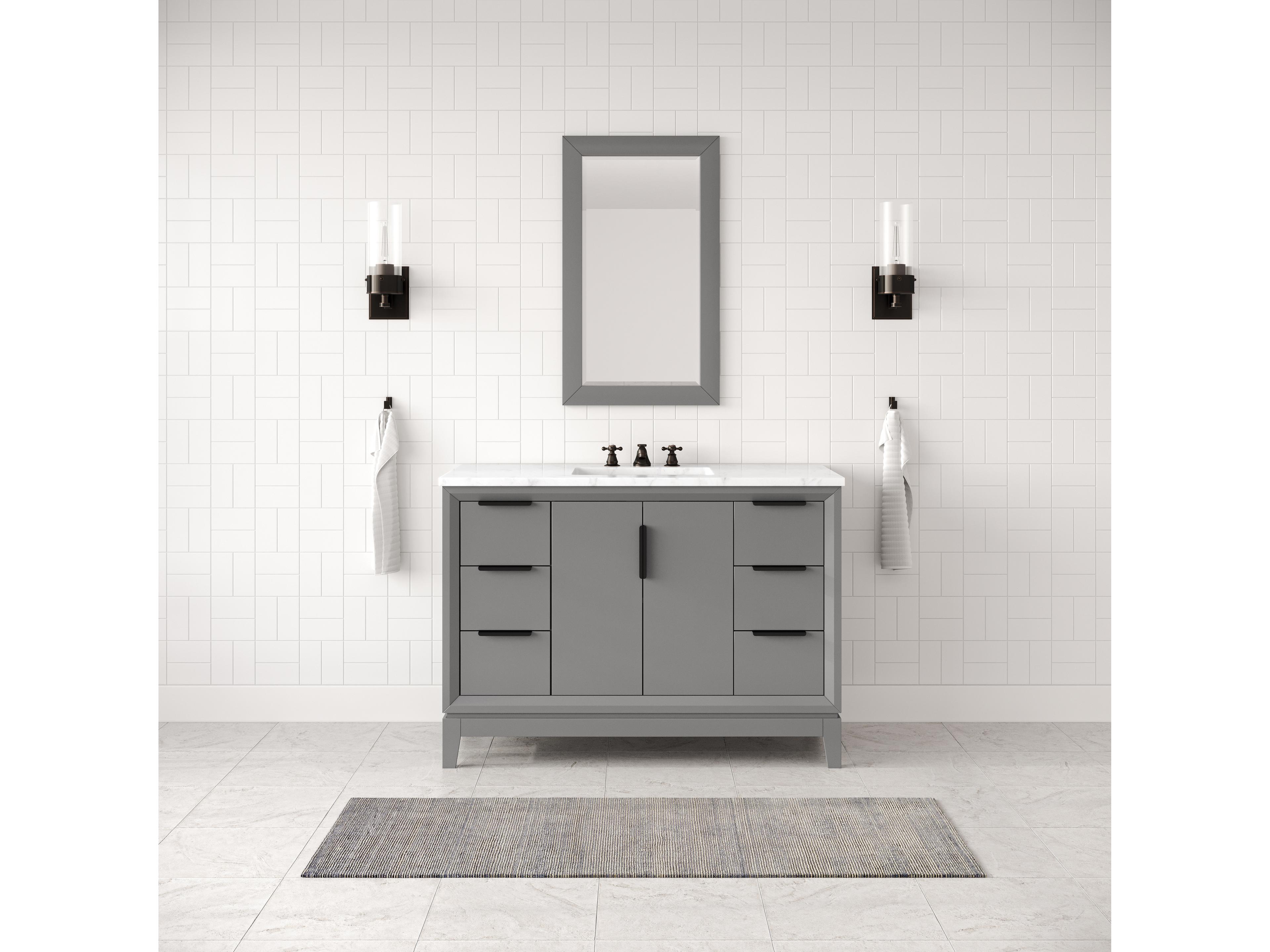 Water Creation Elizabeth Single Sink Carrara White Marble Countertop Bath Vanity In Cashmere Grey With Bronze Hardware, Oil Rubbed Bronze Classic Faucet and Rectangular Mirror (S)