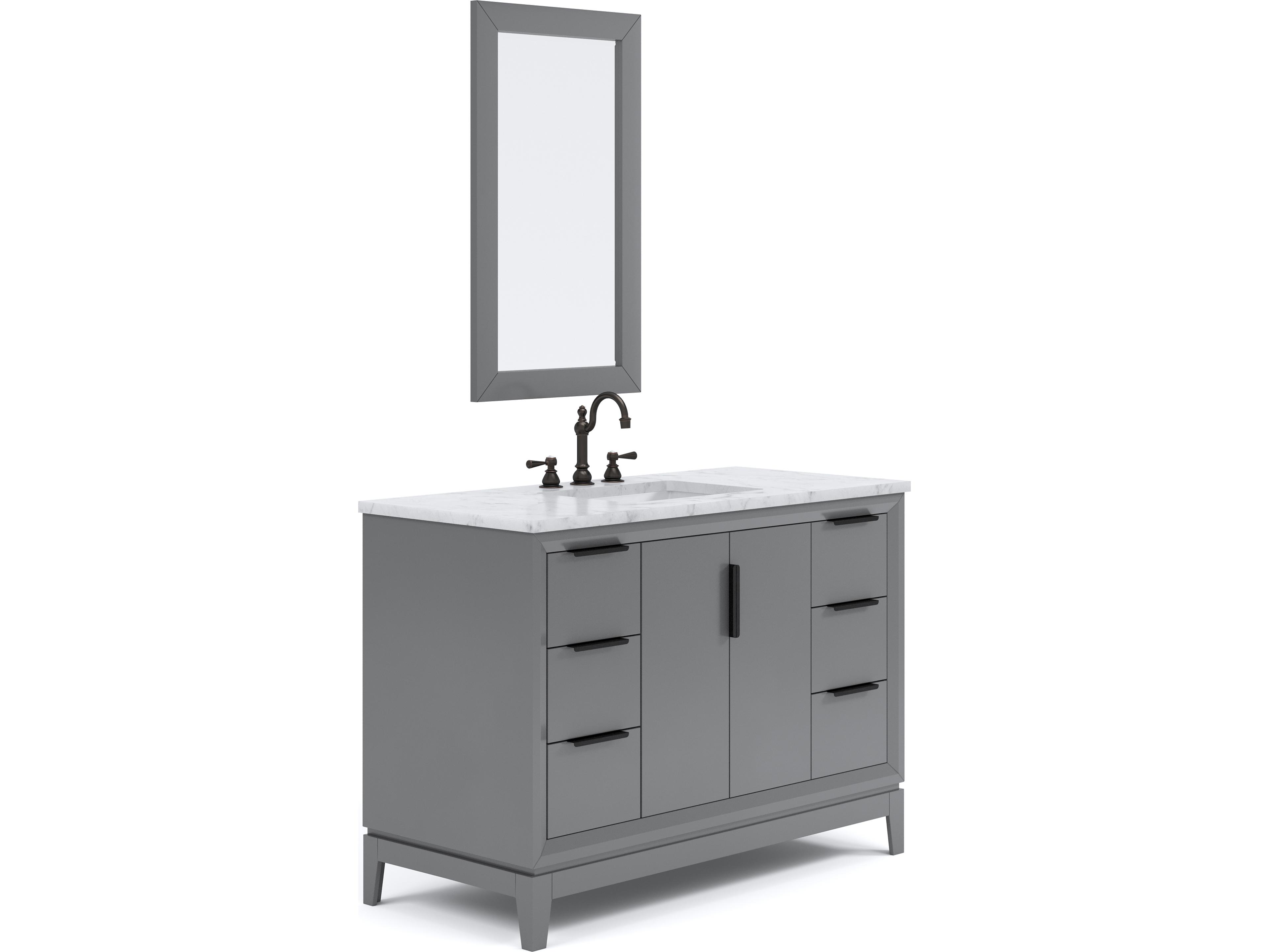 Water Creation Elizabeth Single Sink Carrara White Marble Countertop Bath Vanity In Cashmere Grey With Bronze Hardware, Oil Rubbed Bronze Hook Faucet and Rectangular Mirror (S)