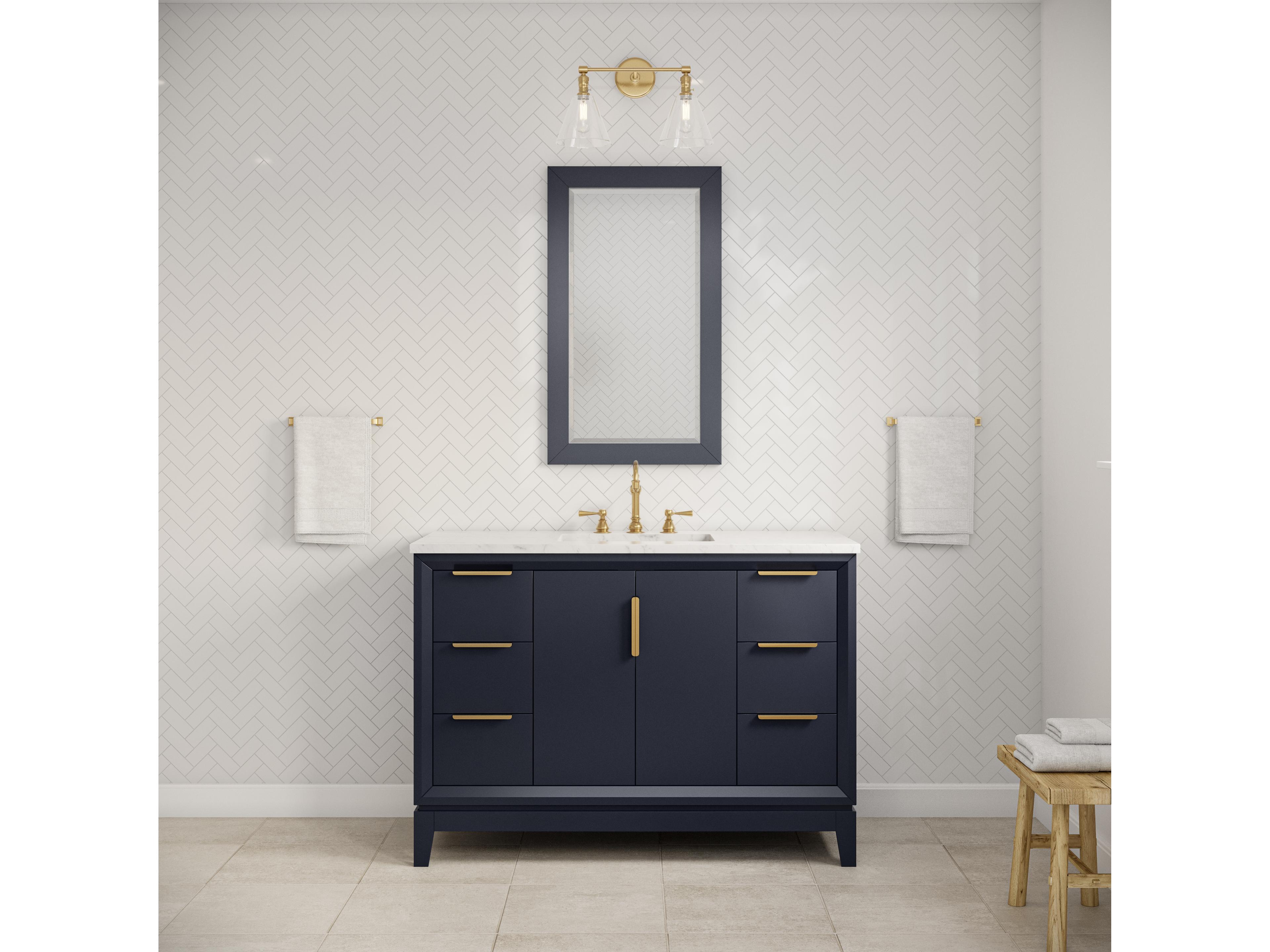 Water Creation Elizabeth Single Sink Carrara White Marble Countertop Bath Vanity In Monarch Blue with Satin Gold Hardware